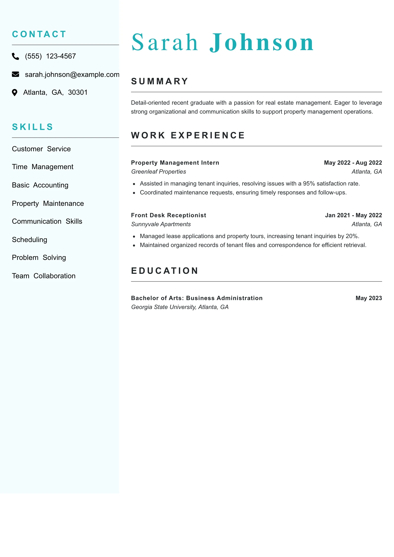 Entry Level Assistant Property Manager Resume Example