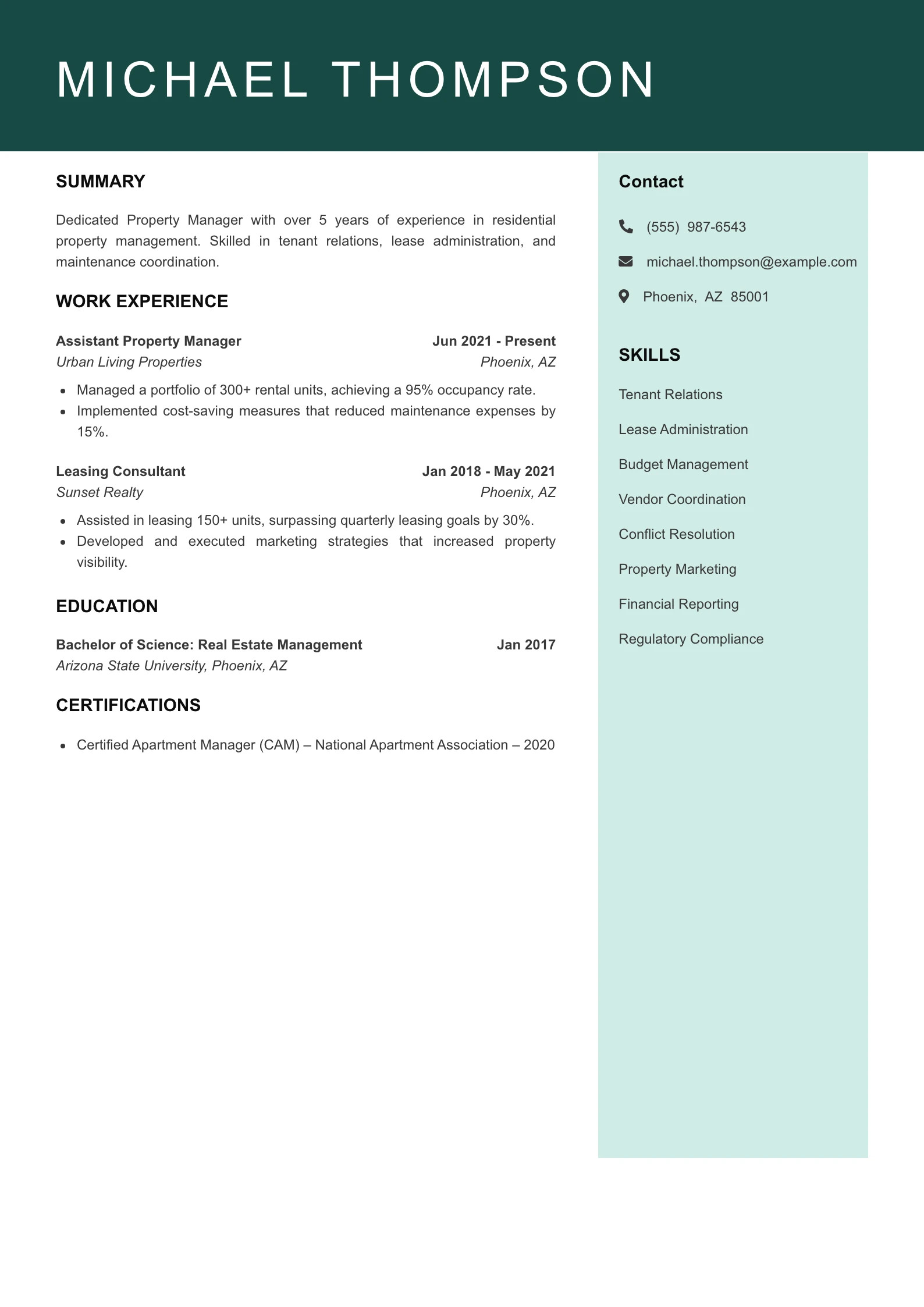 Mid Level Assistant Property Manager Resume Example