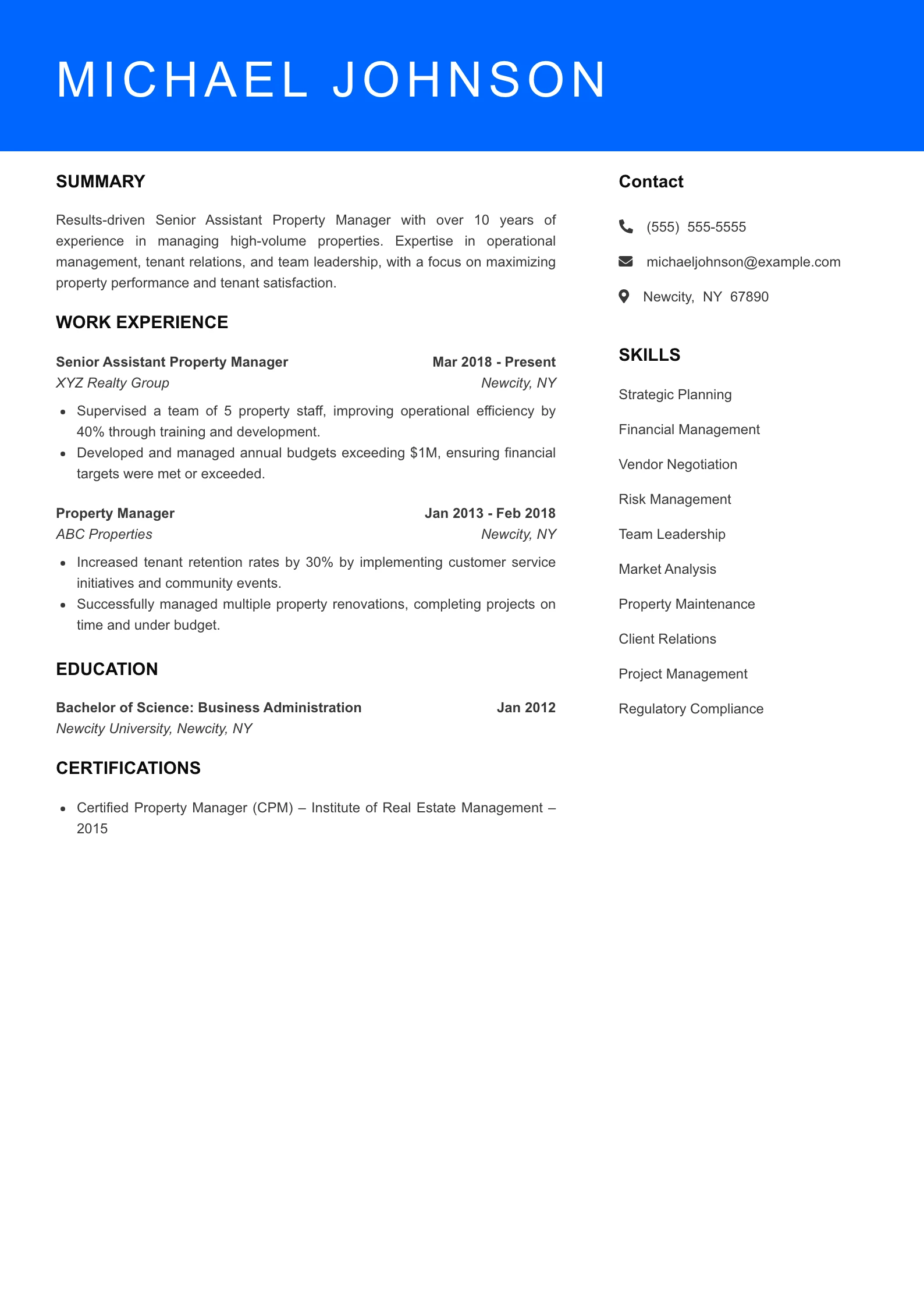 Senior Level Assistant Property Manager Resume Sample