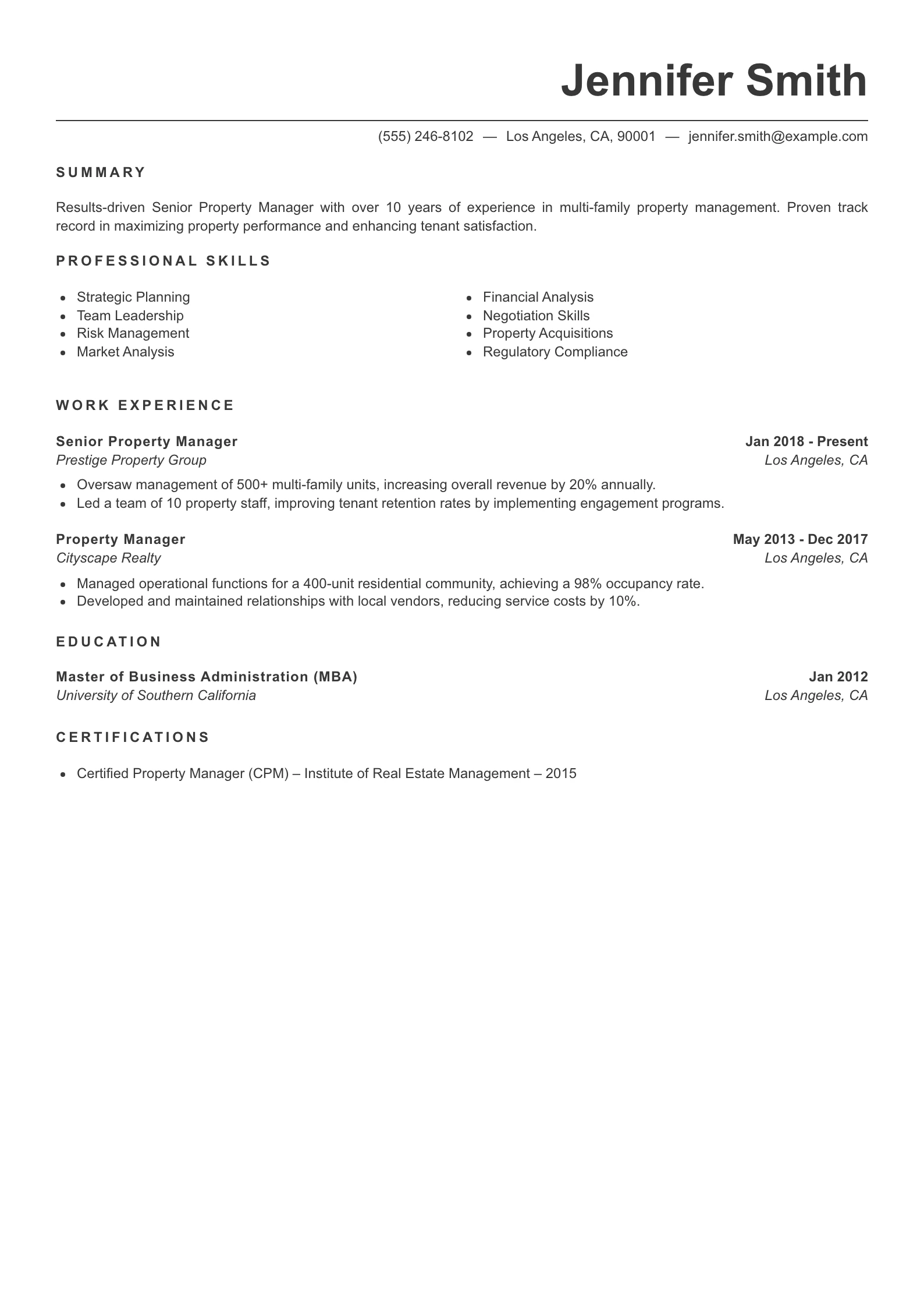 Senior Level Assistant Property Manager Resume Example