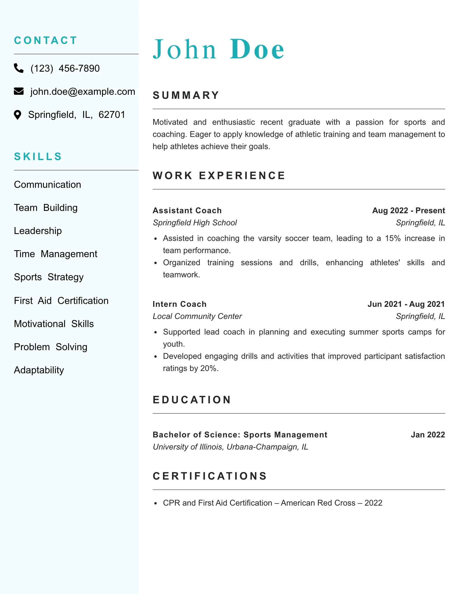Entry Level Athletic Coach Resume Example