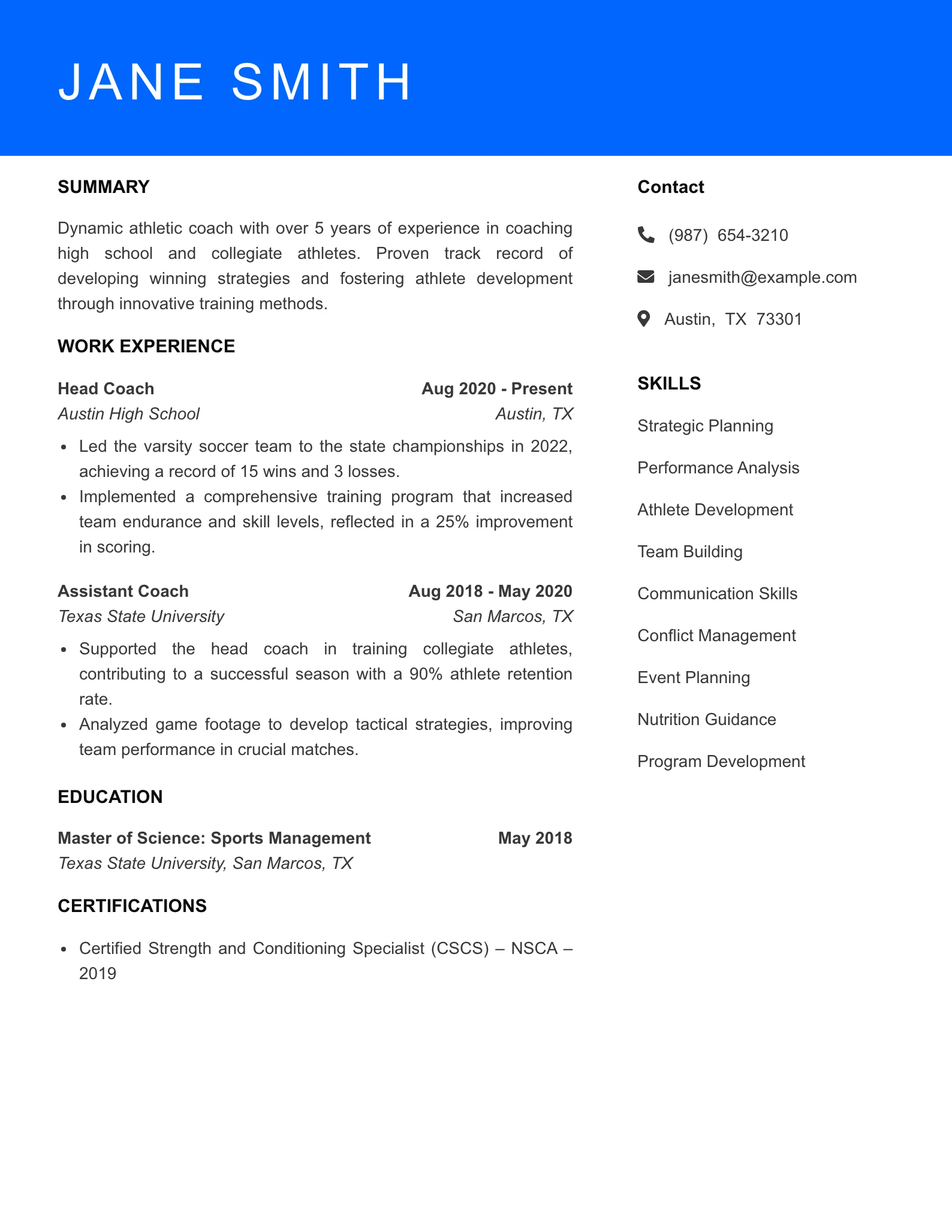 Mid Level Athletic Coach Resume Sample