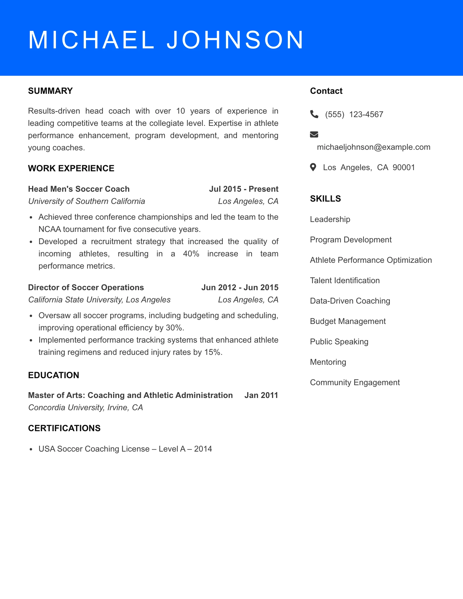 Senior Level Athletic Coach Resume Sample