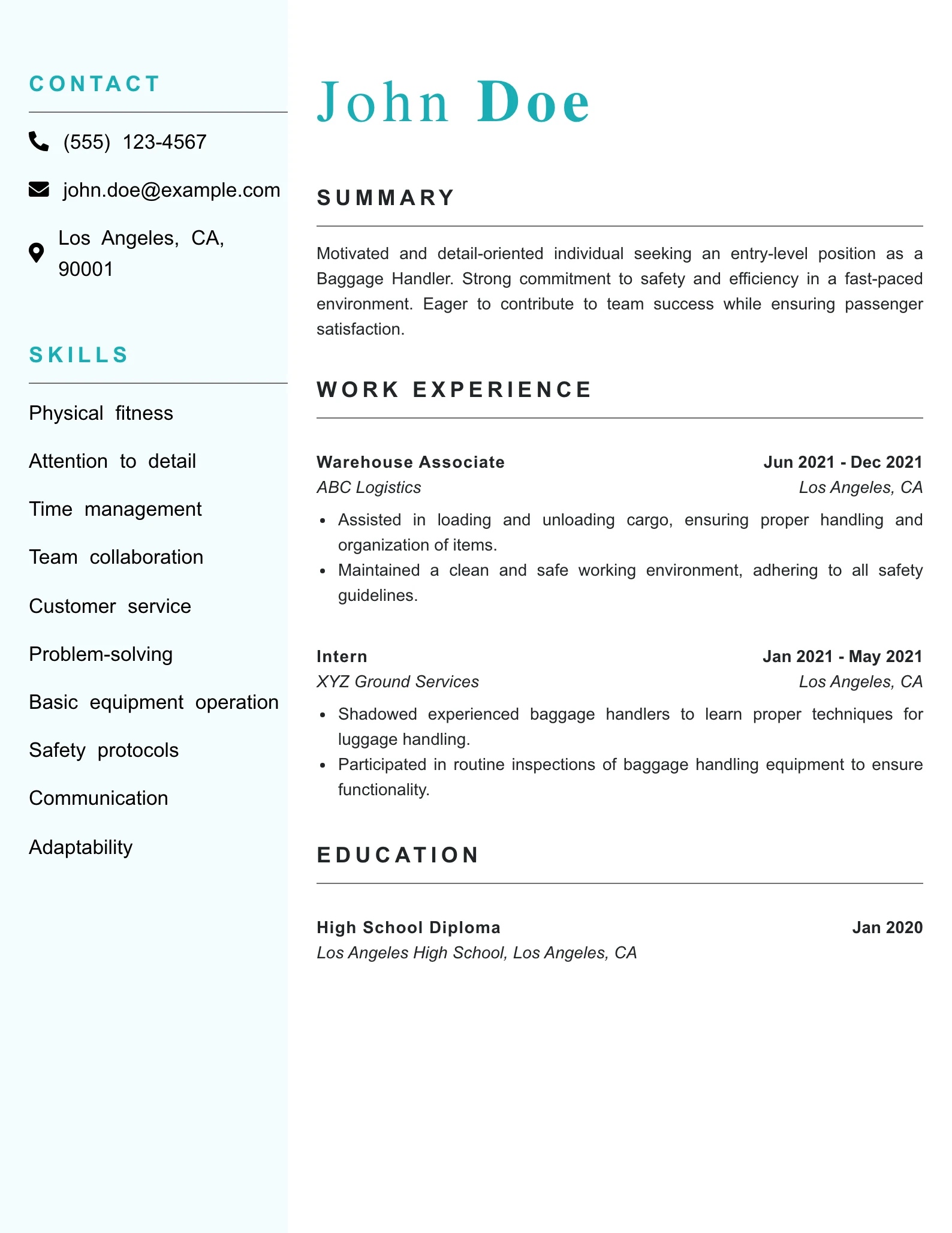 Entry Level Baggage Handler Resume Example