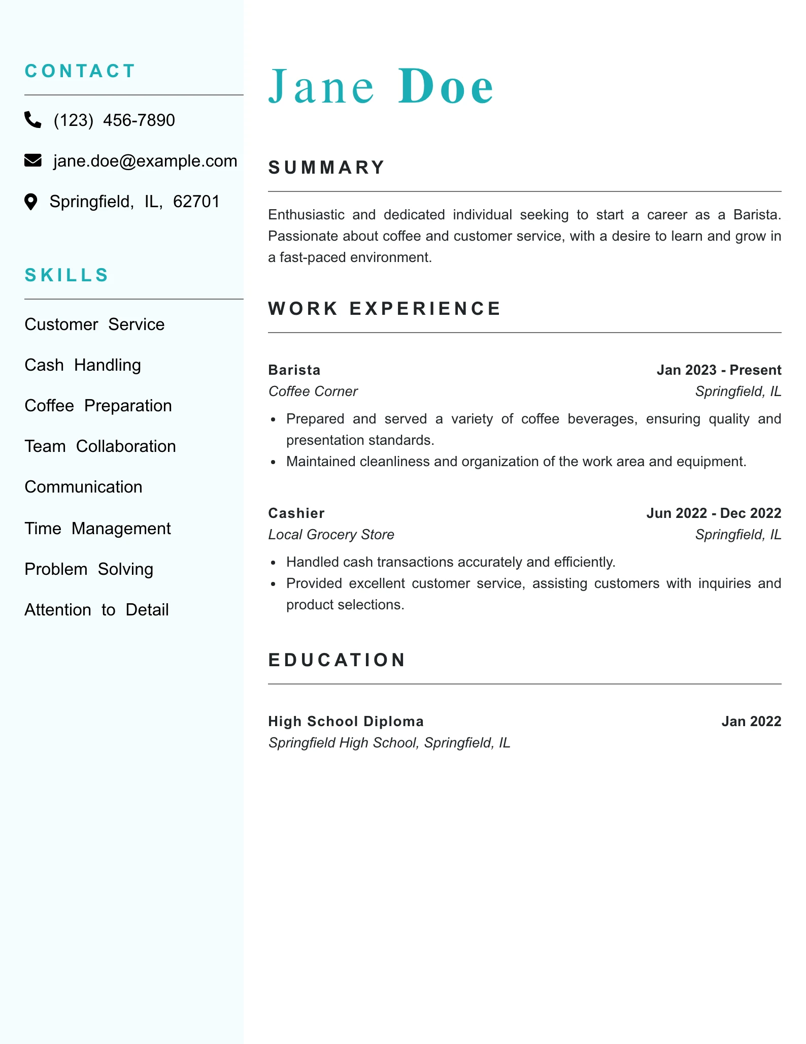 Entry Level Barista Resume Example