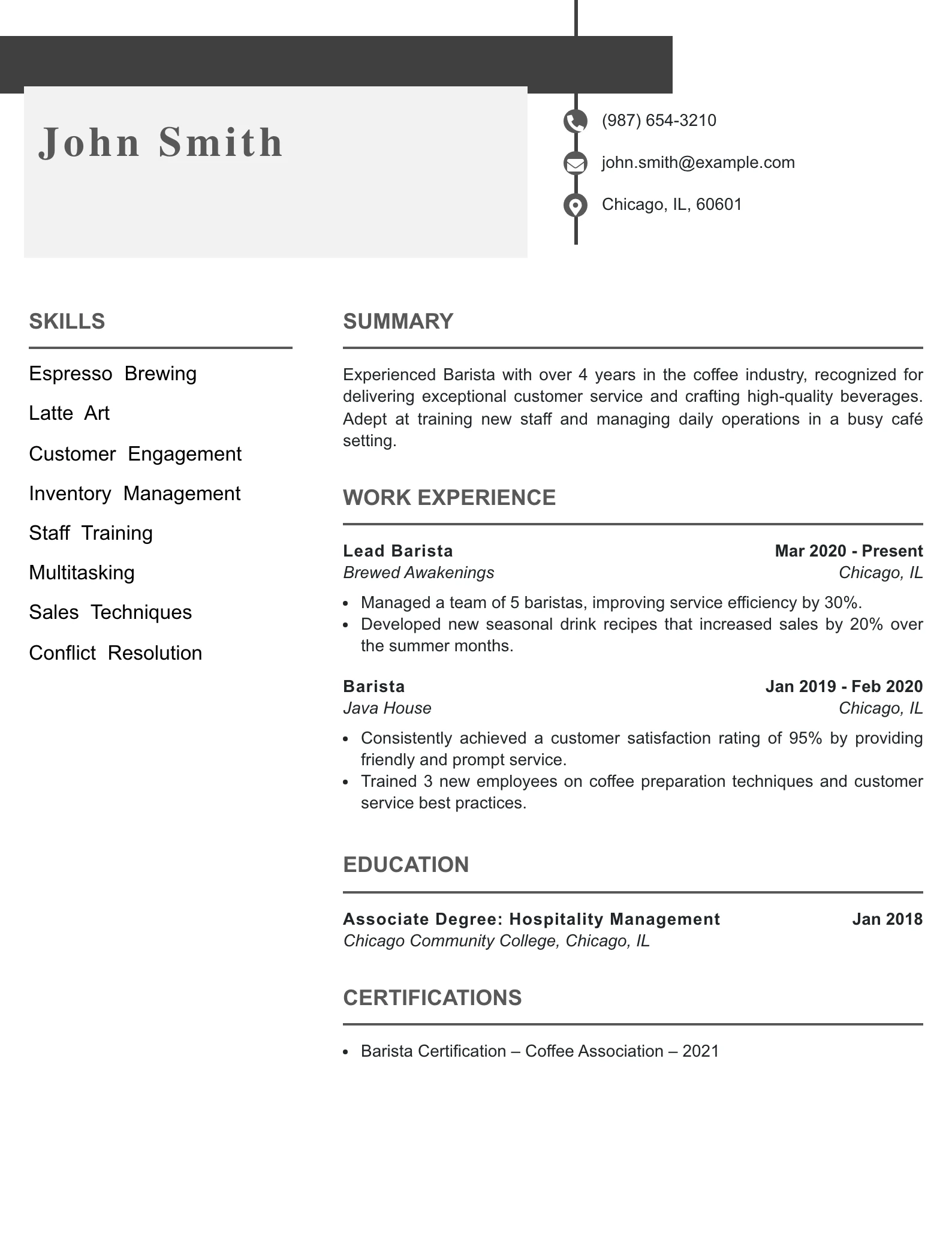 Mid Level Barista Resume Example