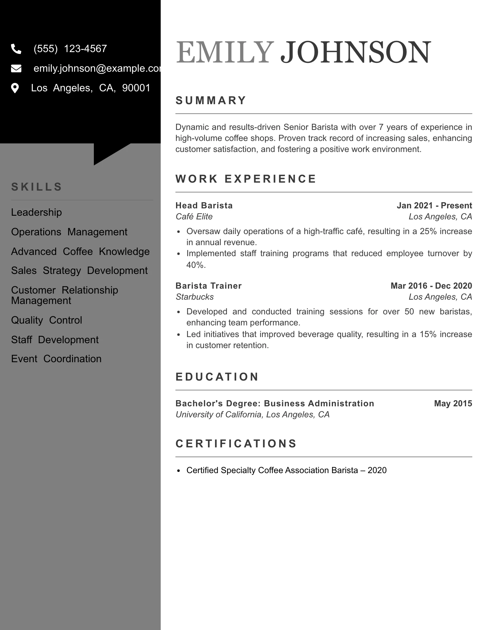 Senior Level Barista Resume Example