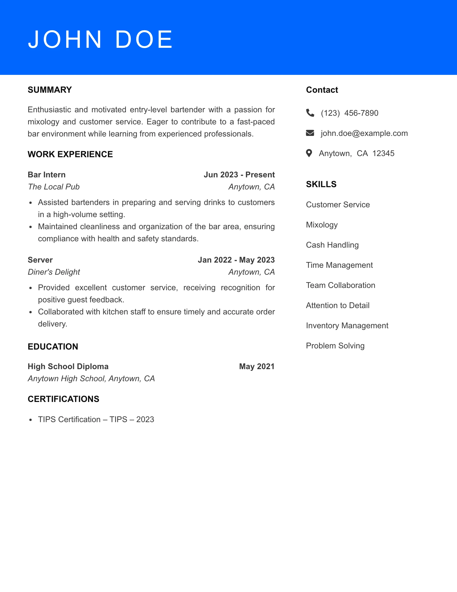 Selected Bartender Resume