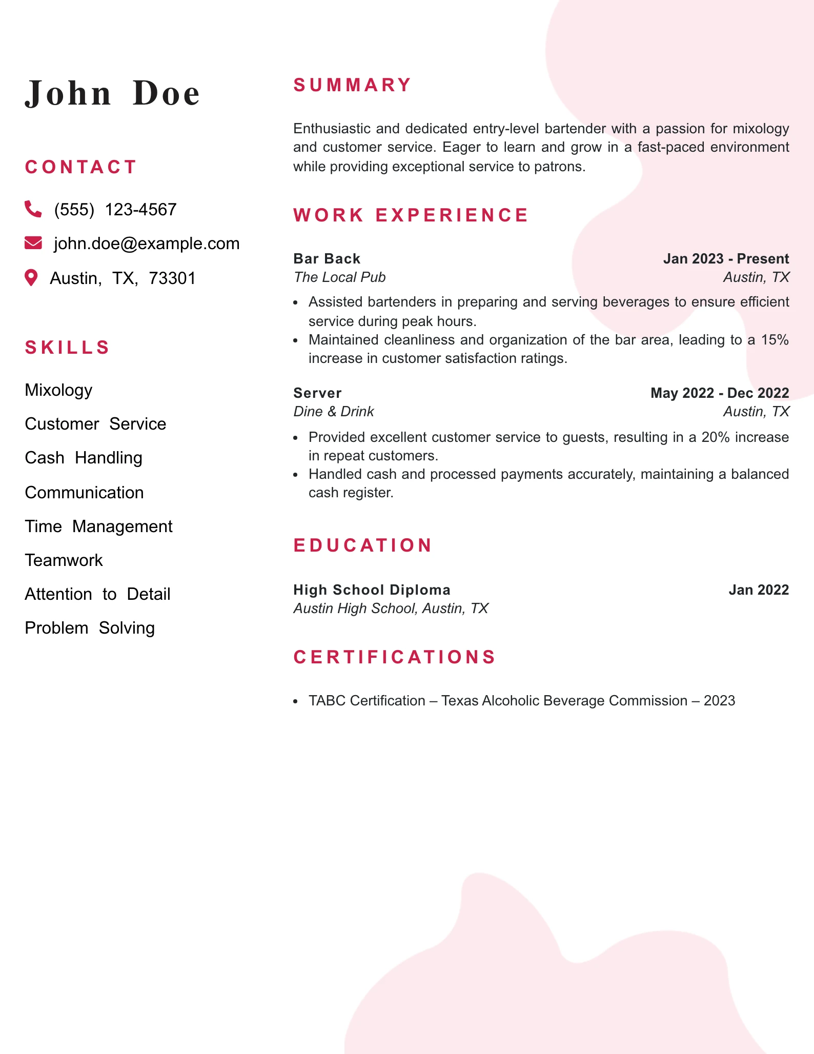 Entry Level Bartender Resume Example