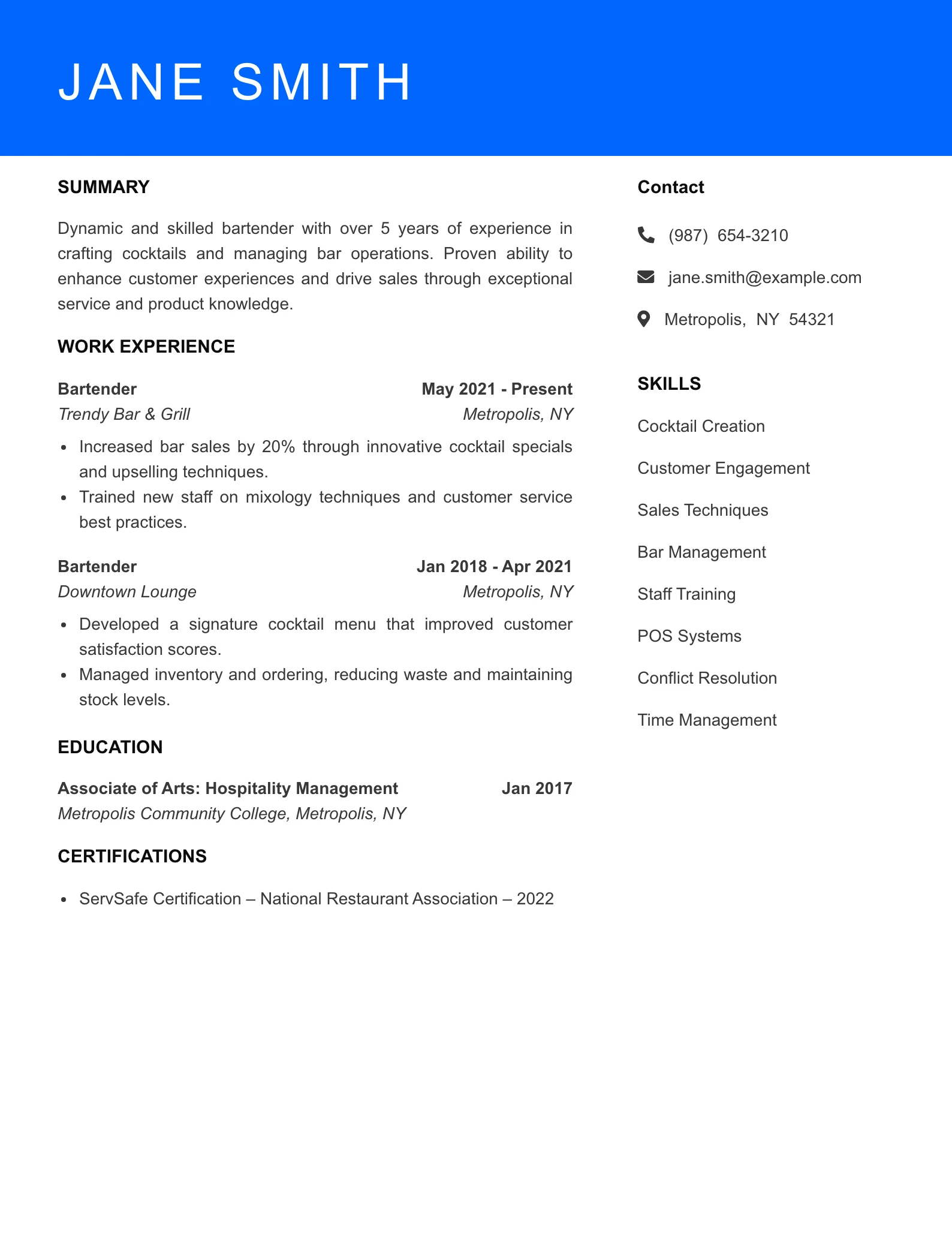Mid Level Bartender Resume Sample