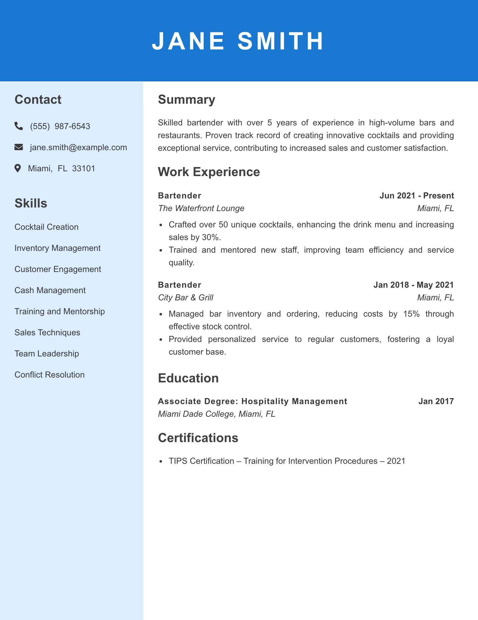 Mid Level Bartender Resume Example