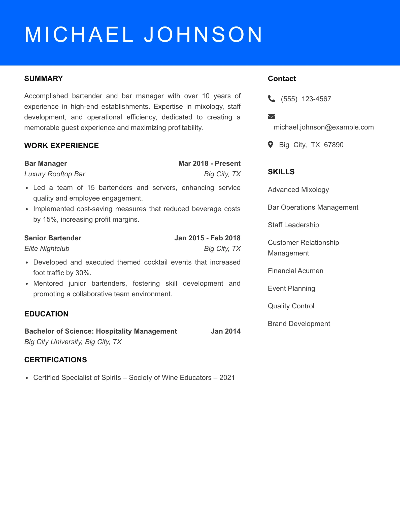 Senior Level Bartender Resume Sample