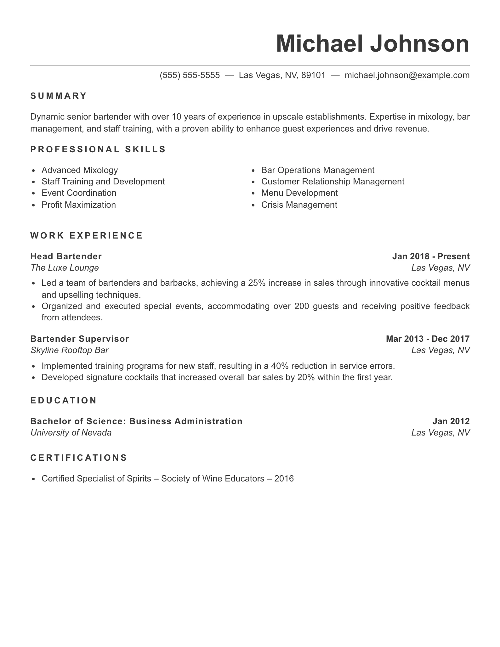 Senior Level Bartender Resume Example