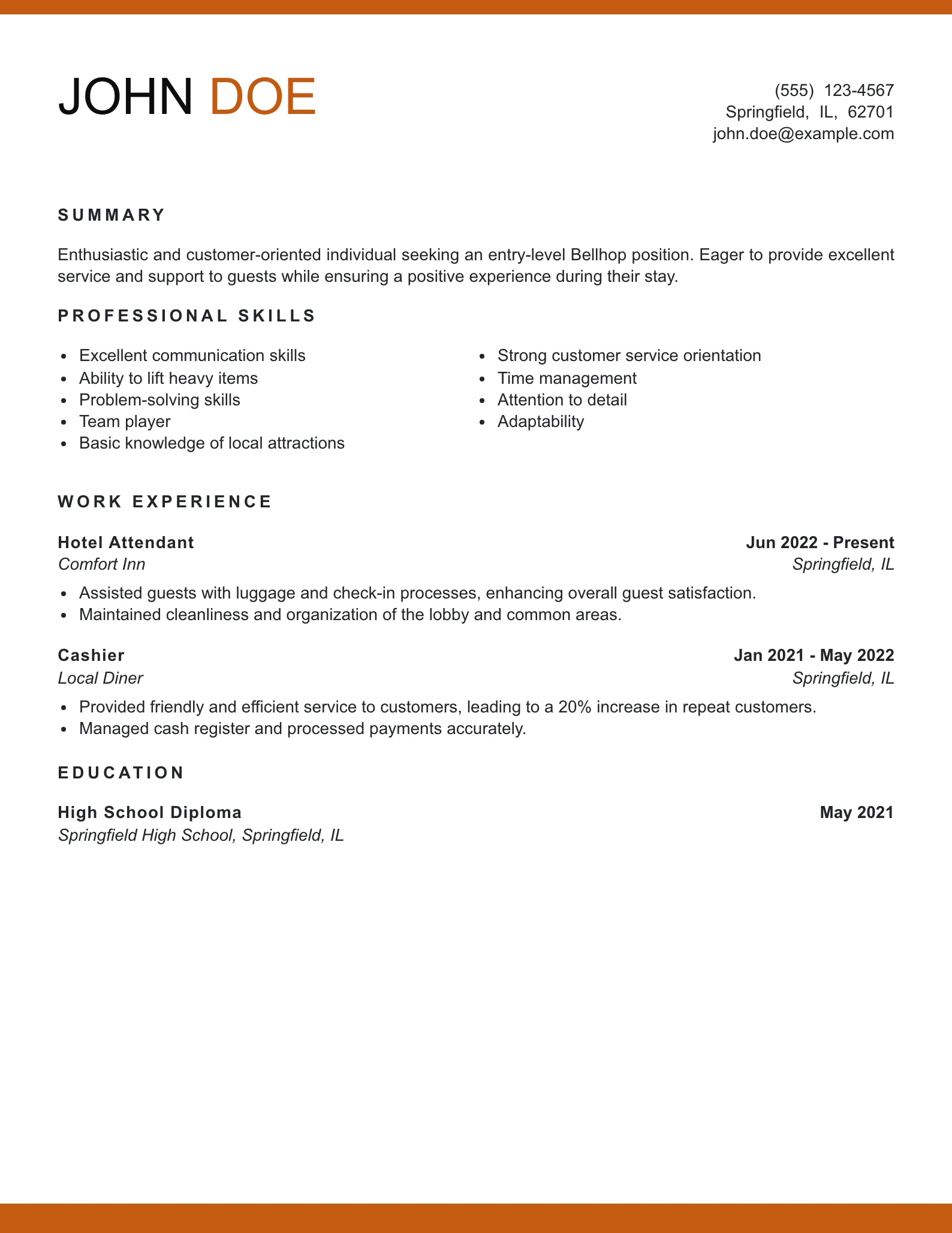 Entry Level Bellhop Resume Example