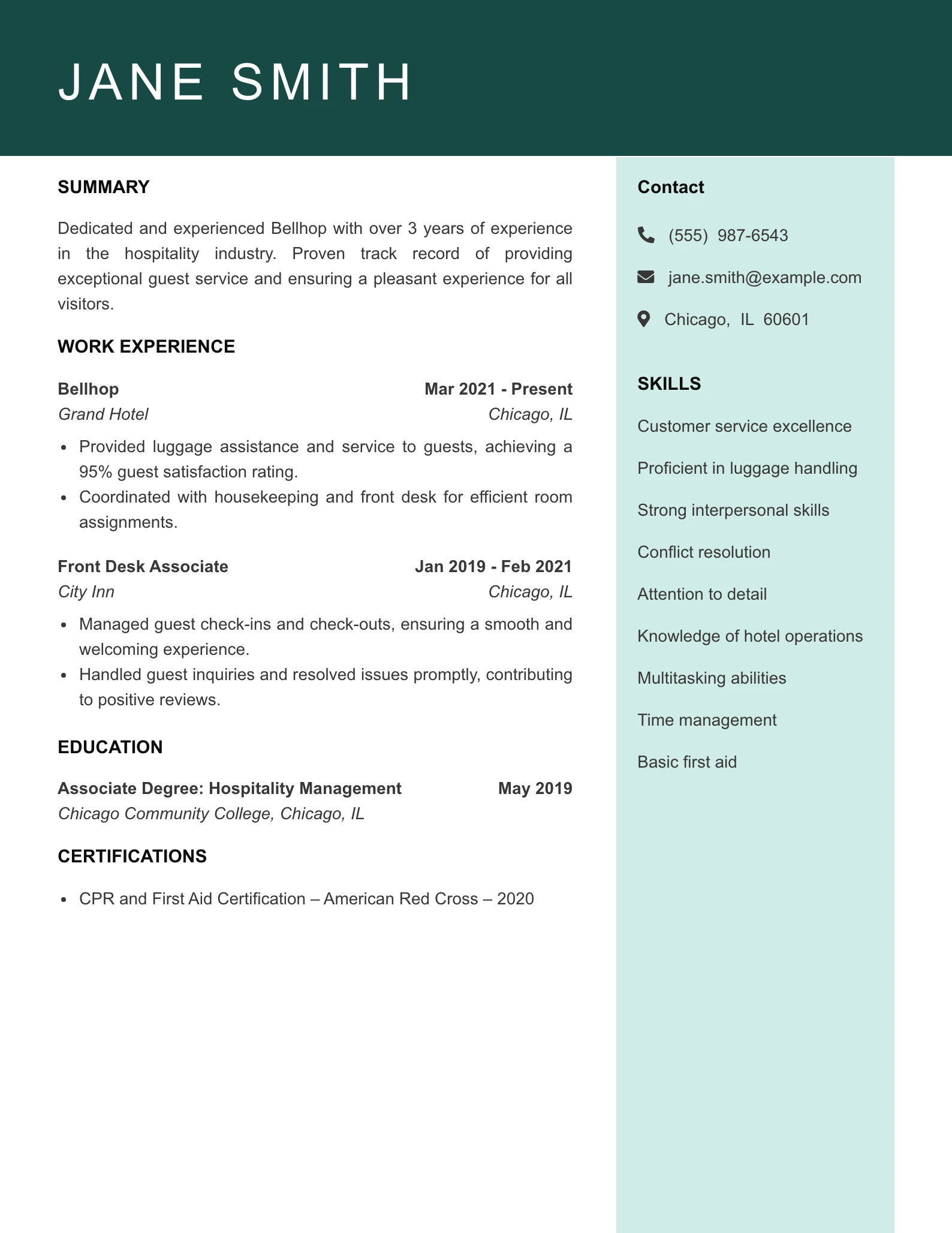 Mid Level Bellhop Resume Example
