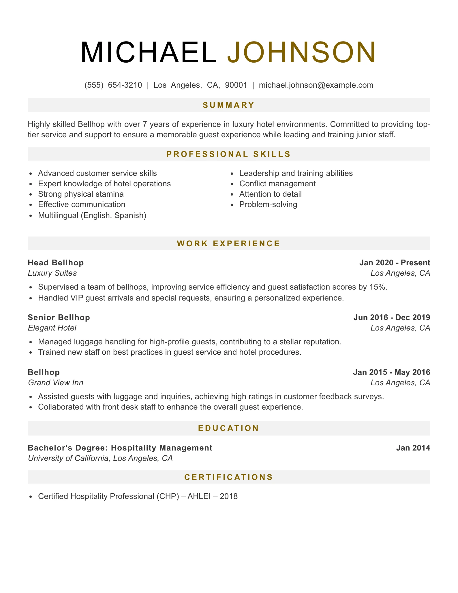Senior Level Bellhop Resume Example