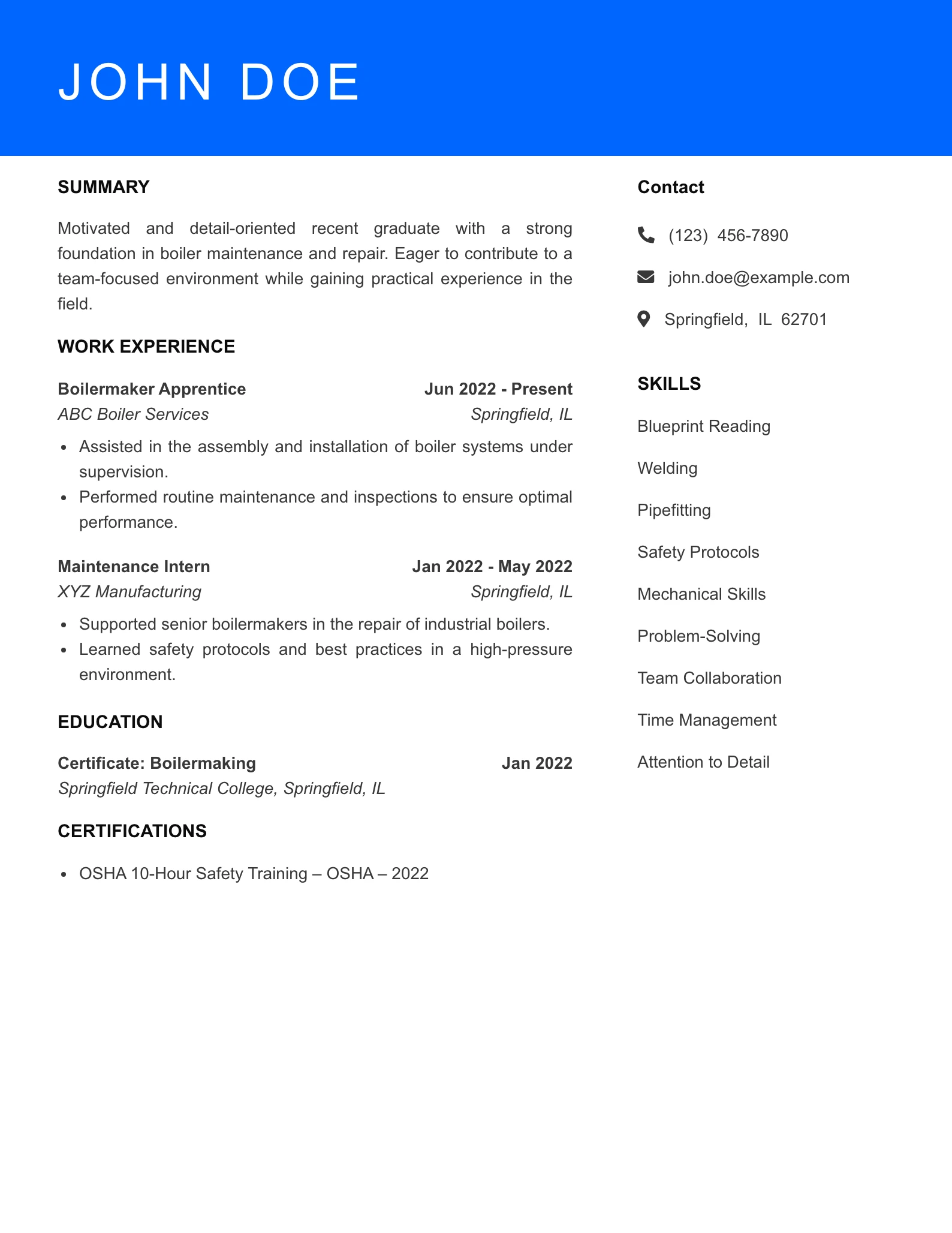 Selected Boilermaker Resume