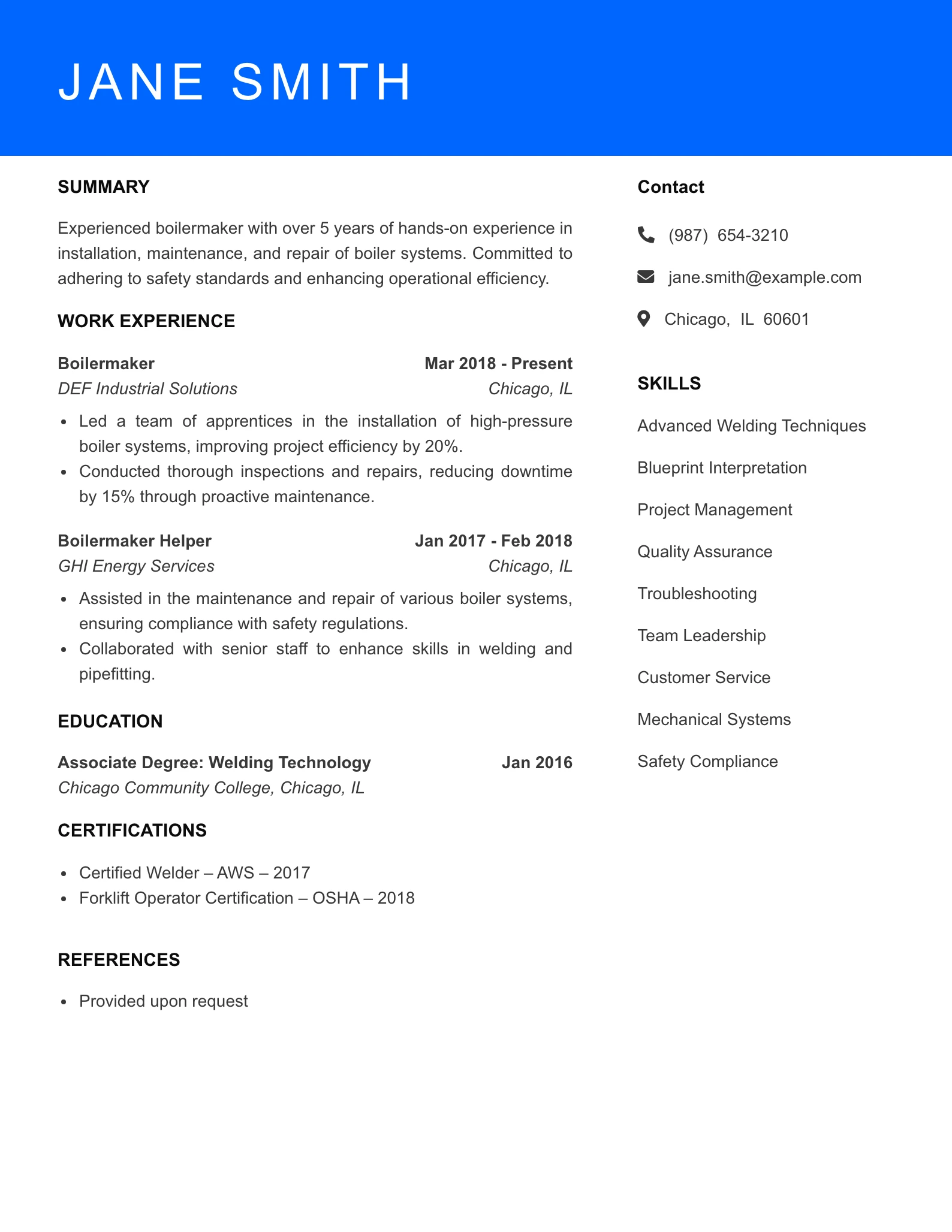 Mid Level Boilermaker Resume Sample