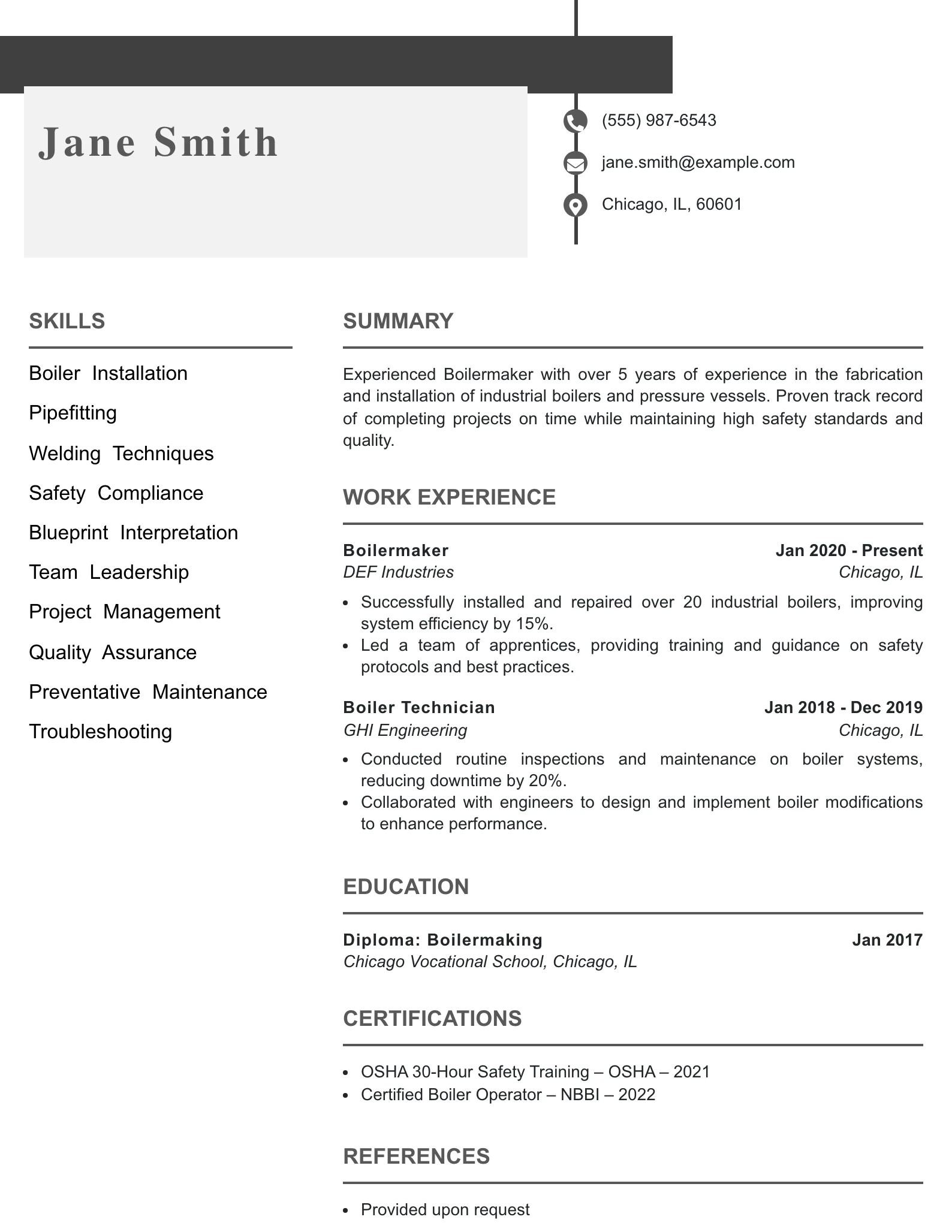 Mid Level Boilermaker Resume Example