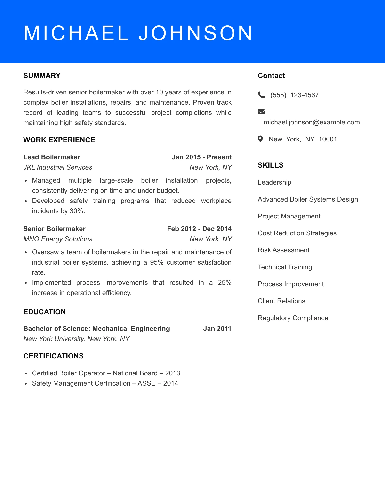 Senior Level Boilermaker Resume Sample