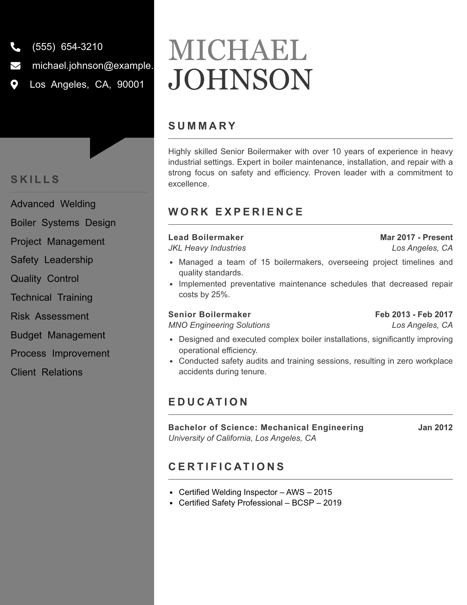 Senior Level Boilermaker Resume Example