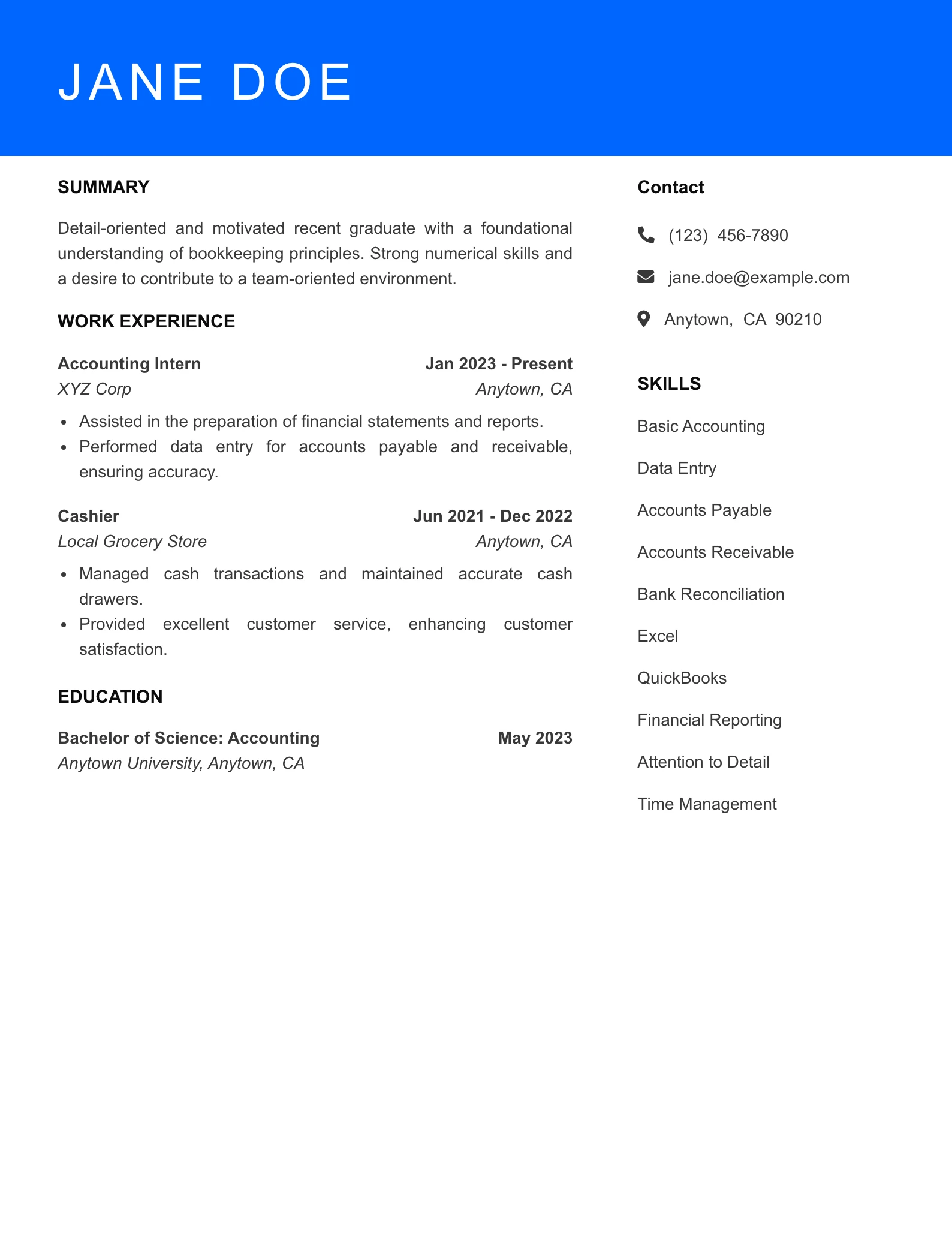 Selected Bookkeeper Resume