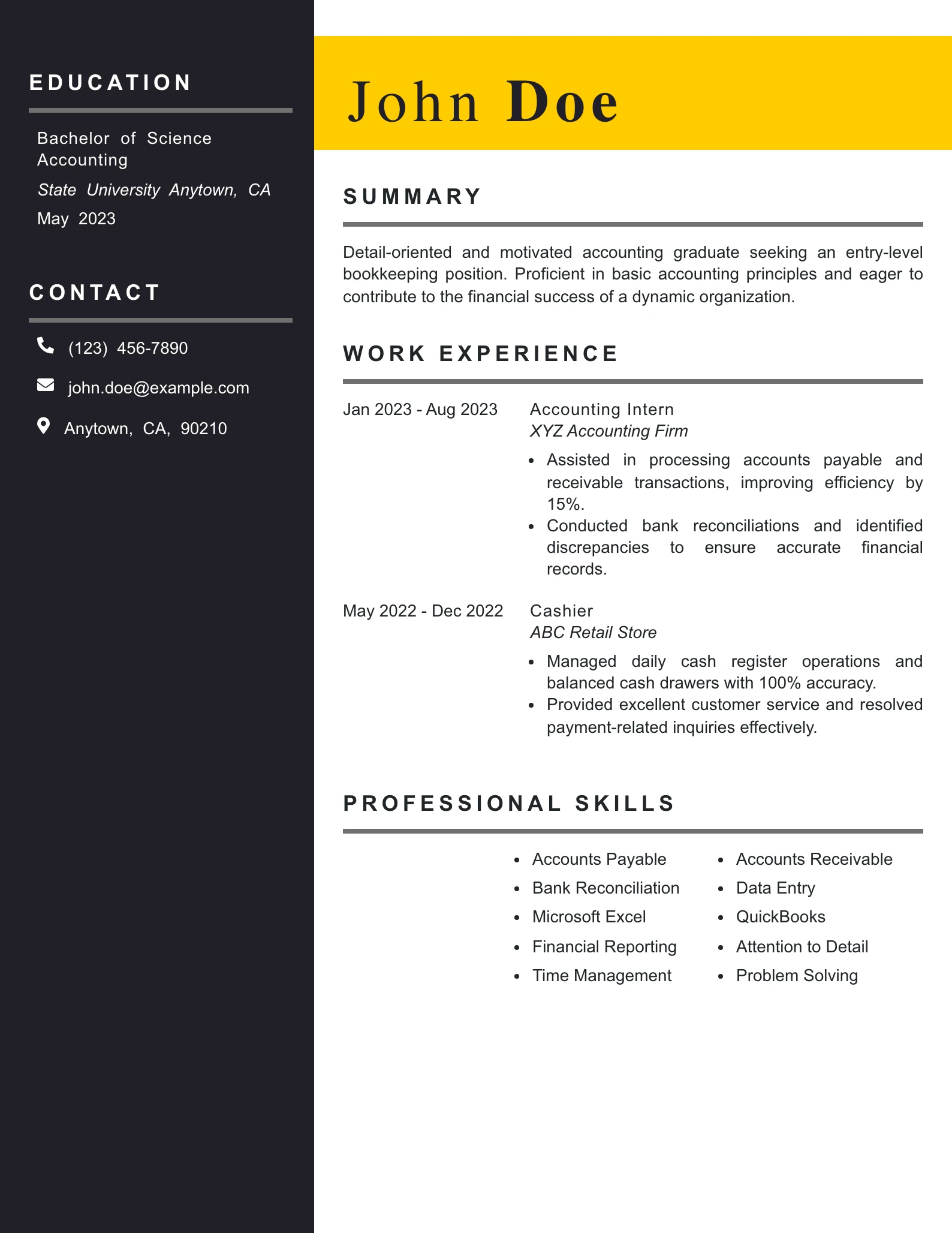 Entry Level Bookkeeper Resume Example