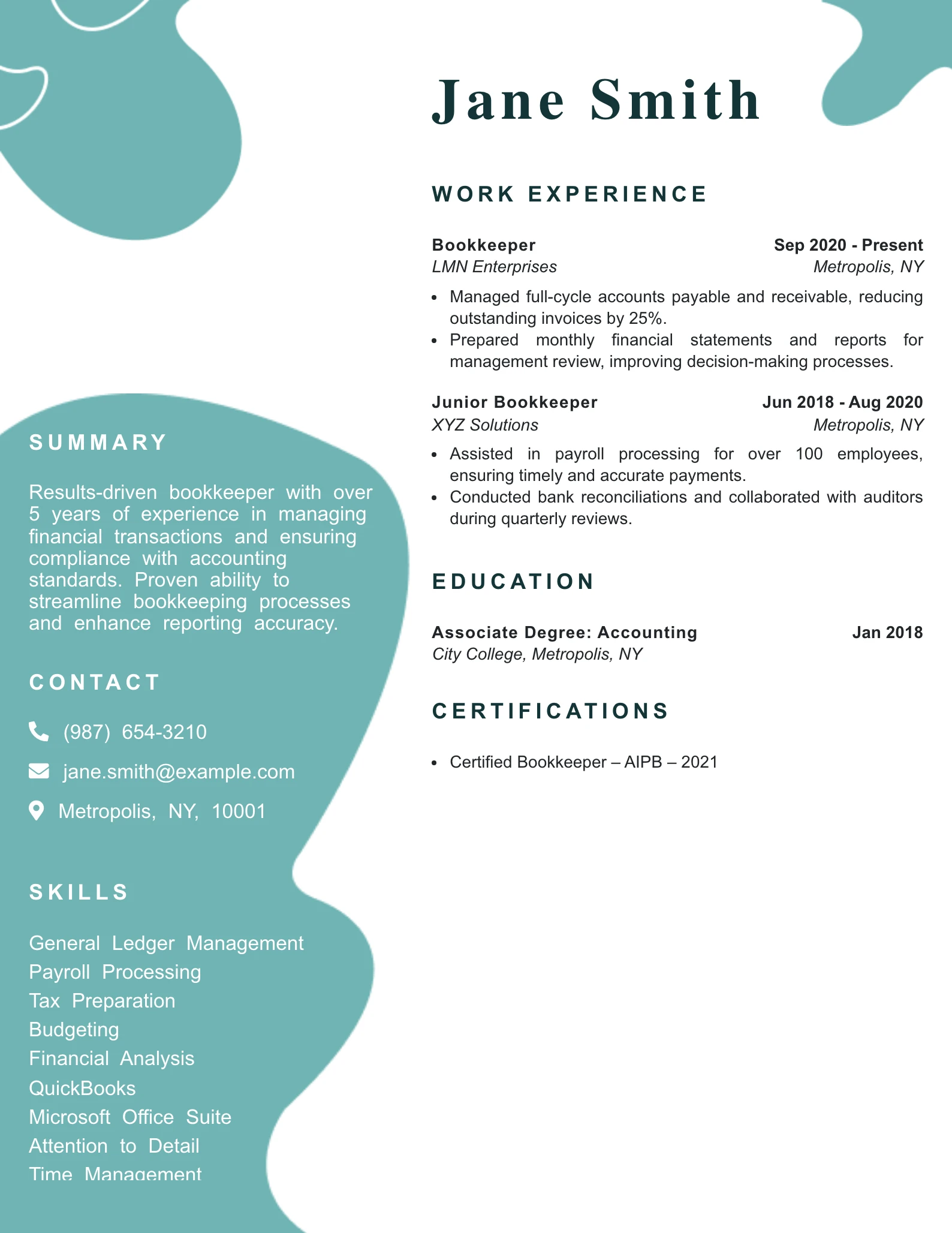Mid Level Bookkeeper Resume Example