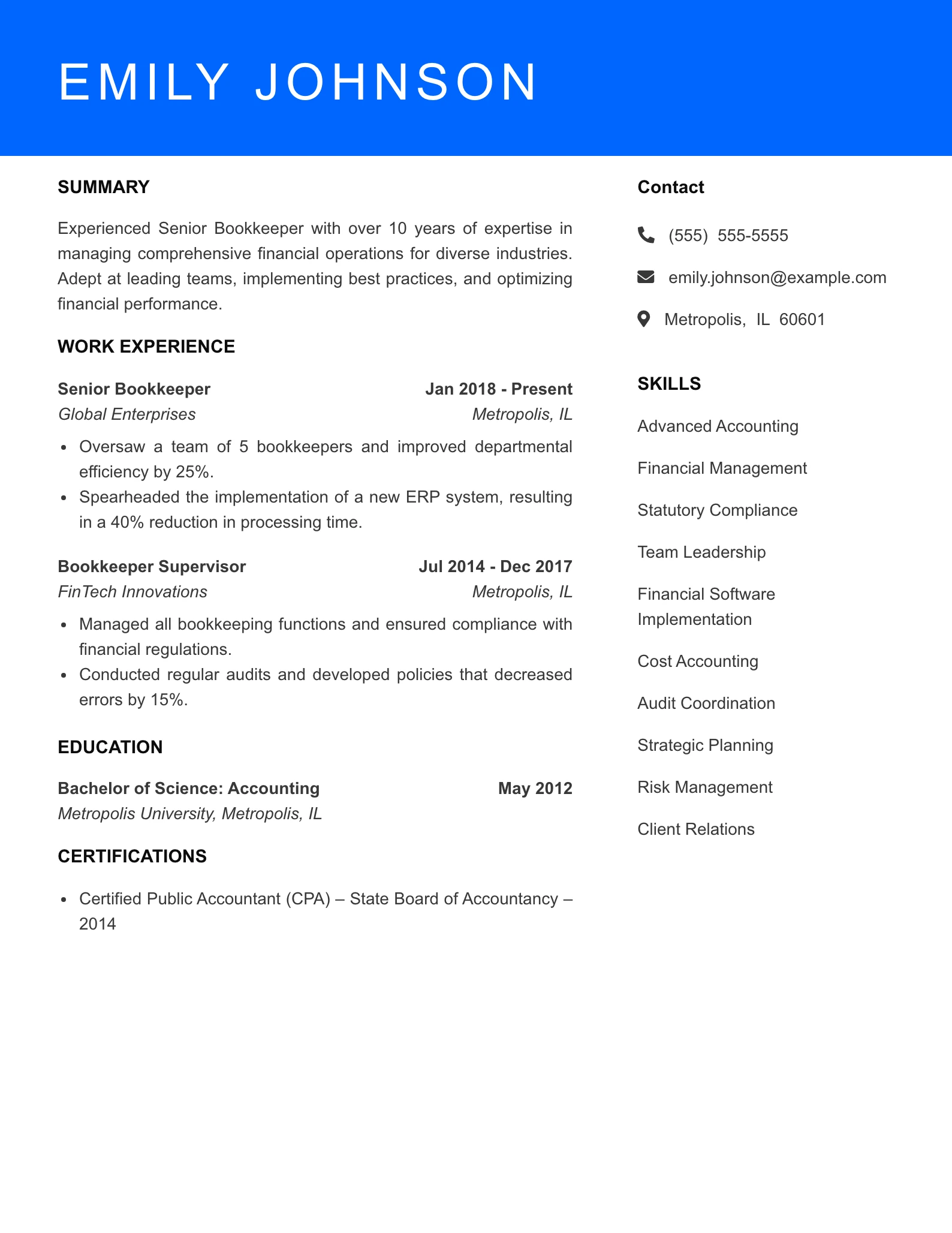Senior Level Bookkeeper Resume Sample
