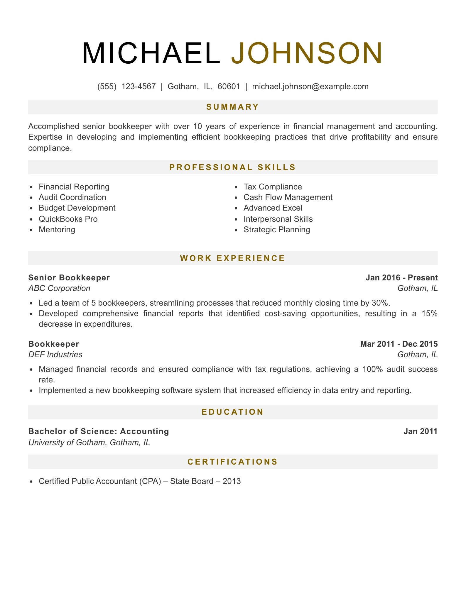 Senior Level Bookkeeper Resume Example