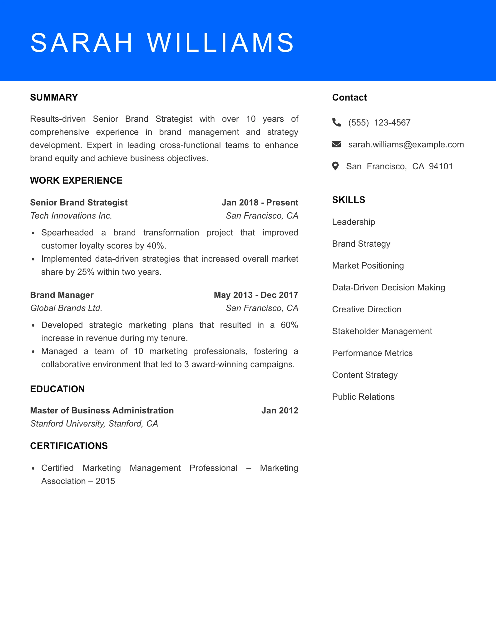 Senior Level Brand Strategist Resume Sample