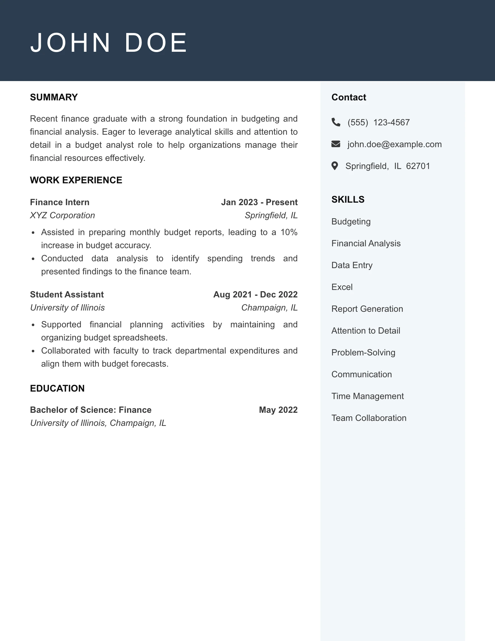 Entry Level Budget Analyst Resume Example