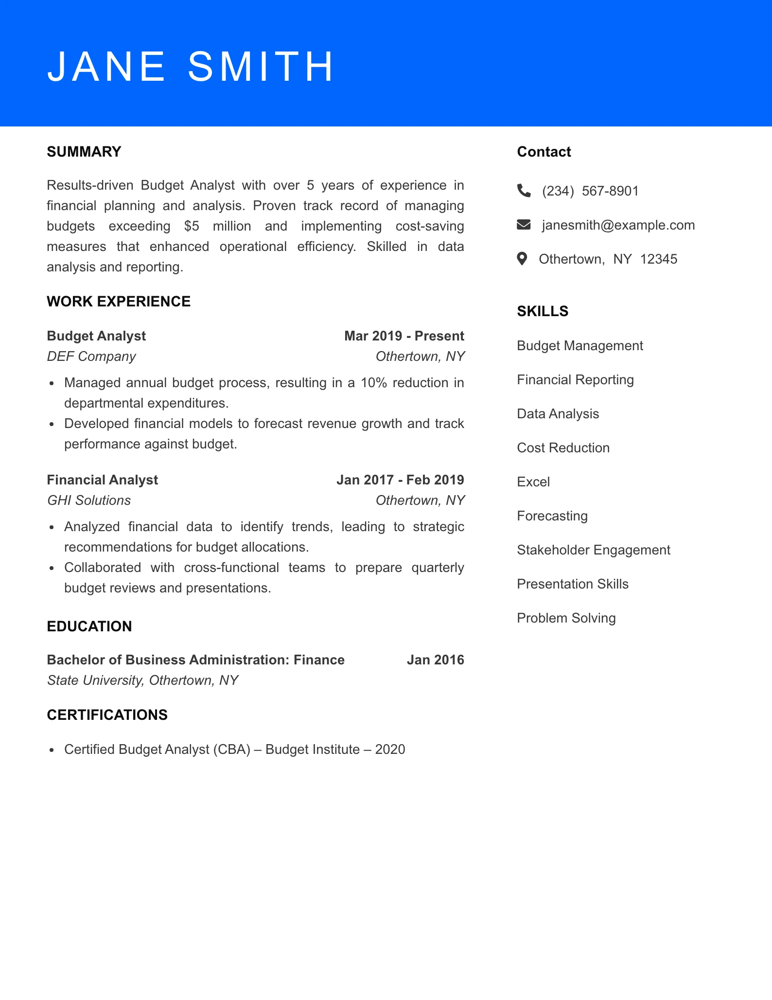 Mid Level Budget Analyst Resume Sample
