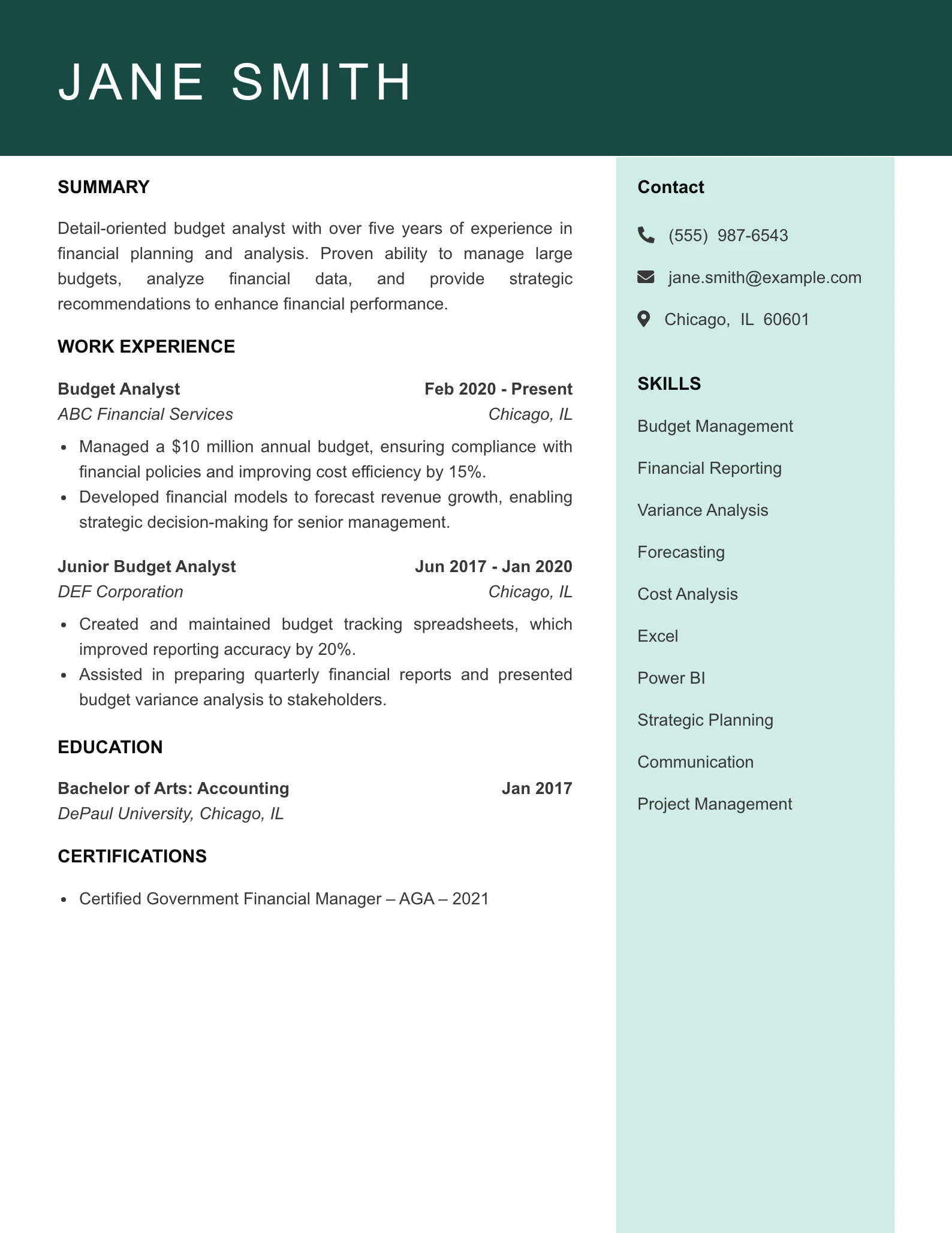 Mid Level Budget Analyst Resume Example