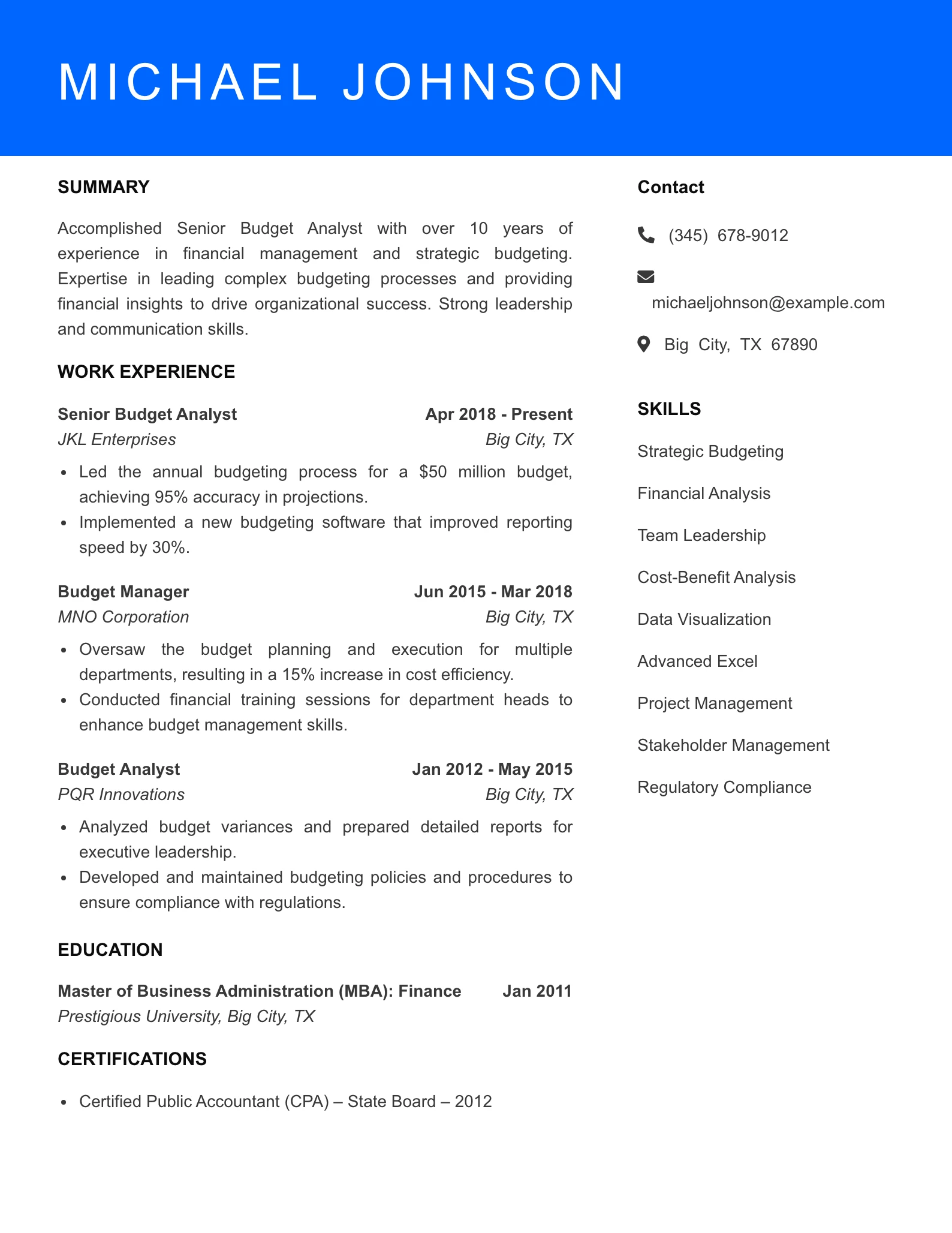 Senior Level Budget Analyst Resume Sample