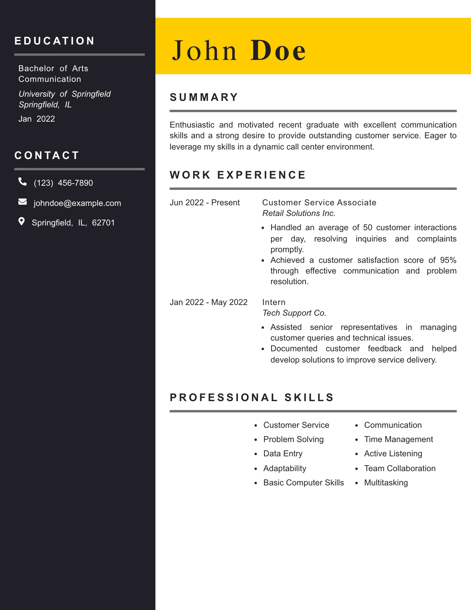 Entry Level Call Center Rep Resume Example