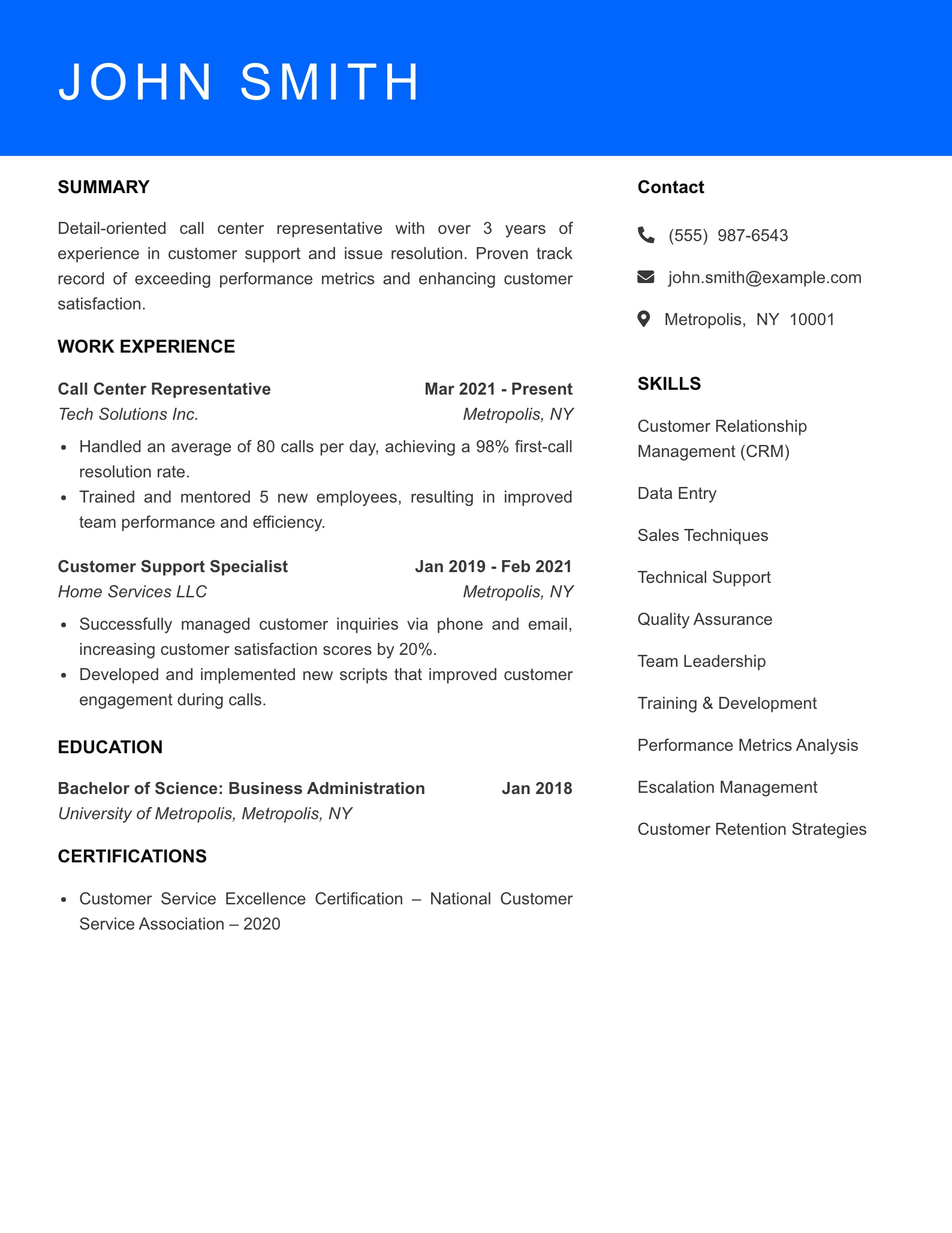 Mid Level Call Center Rep Resume Sample