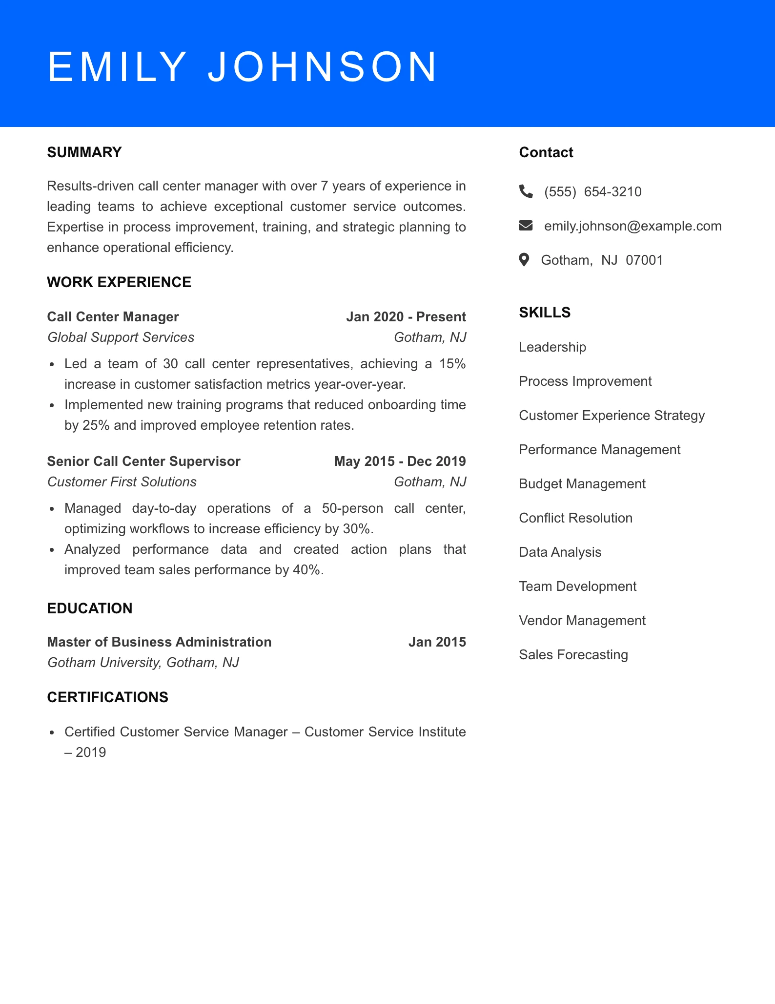 Senior Level Call Center Rep Resume Sample