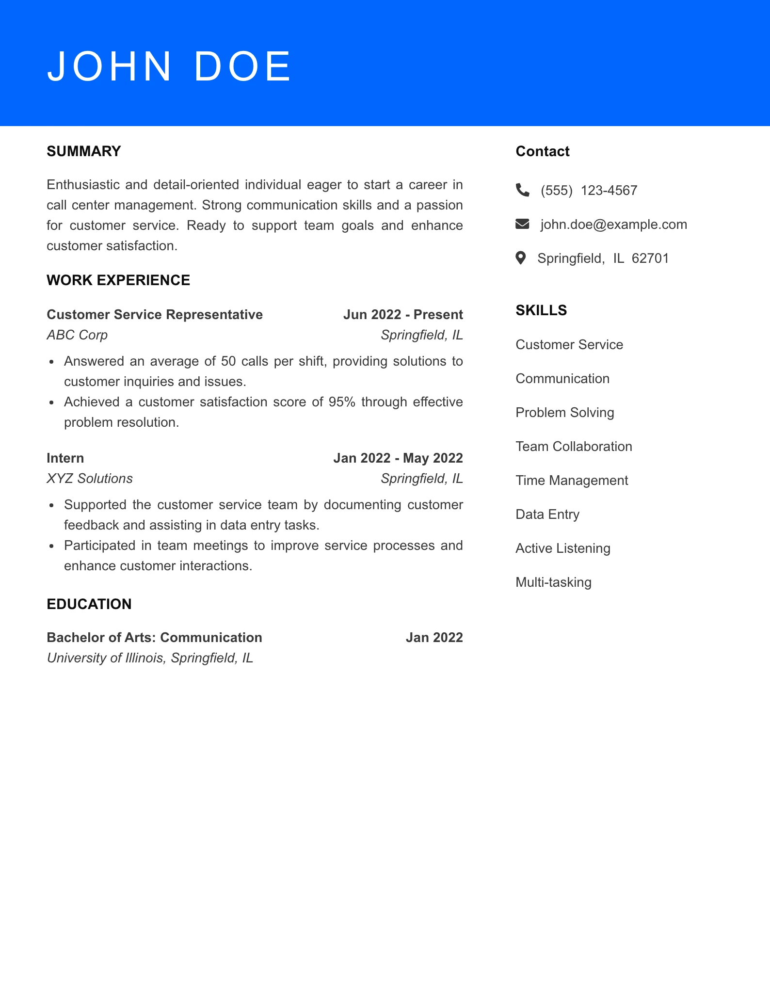 Selected Call Center Supervisor Resume