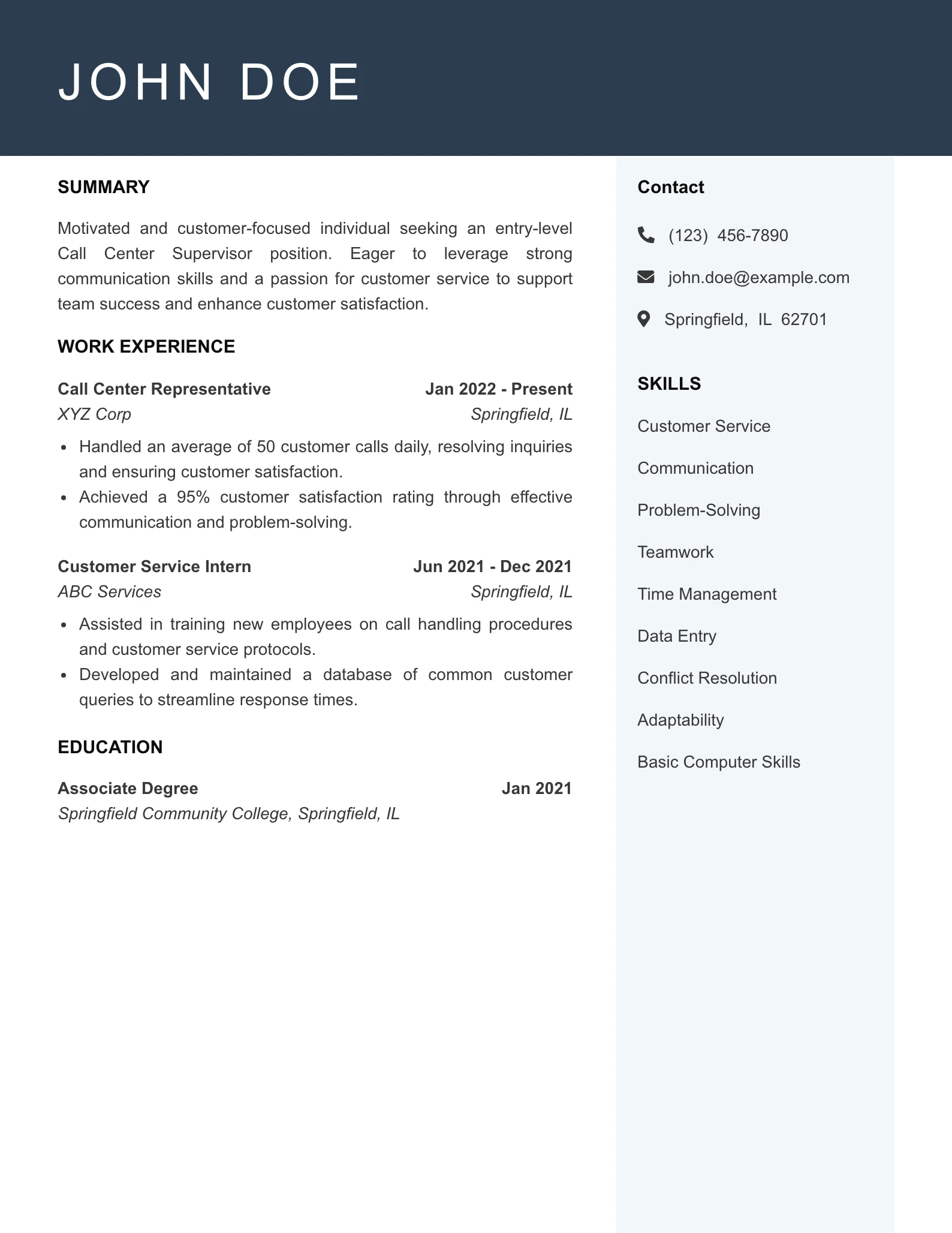 Entry Level Call Center Supervisor Resume Example