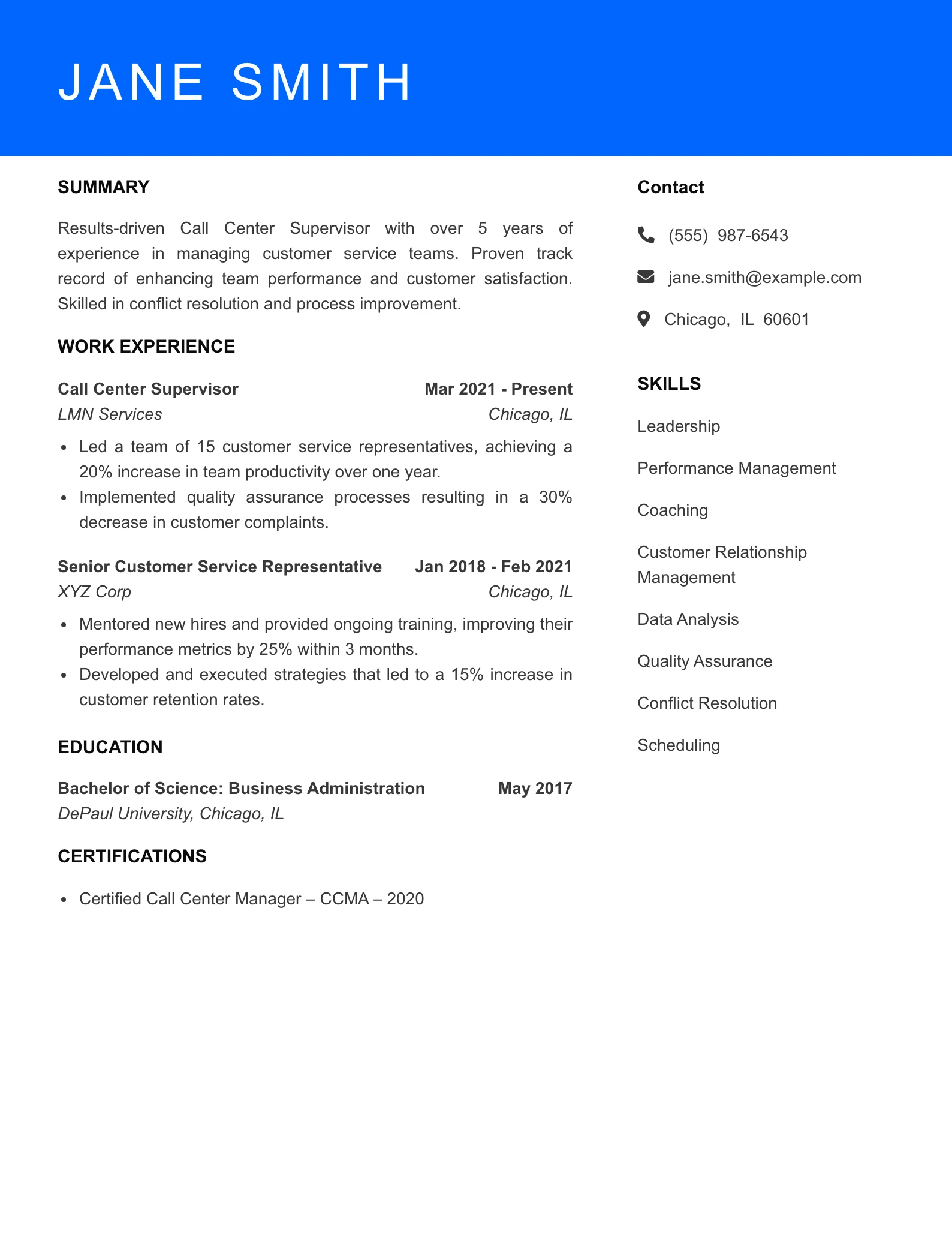 Mid Level Call Center Supervisor Resume Sample