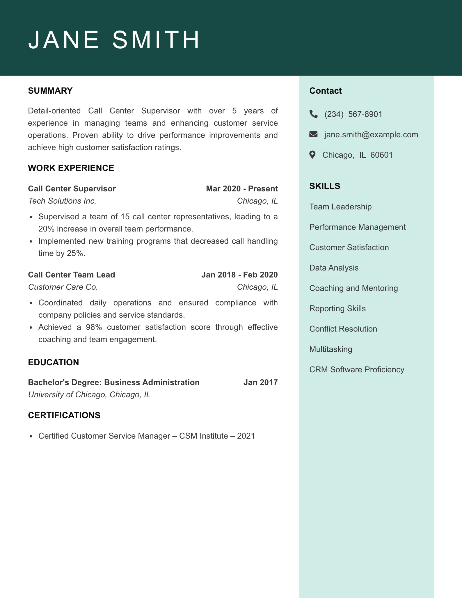 Mid Level Call Center Supervisor Resume Example