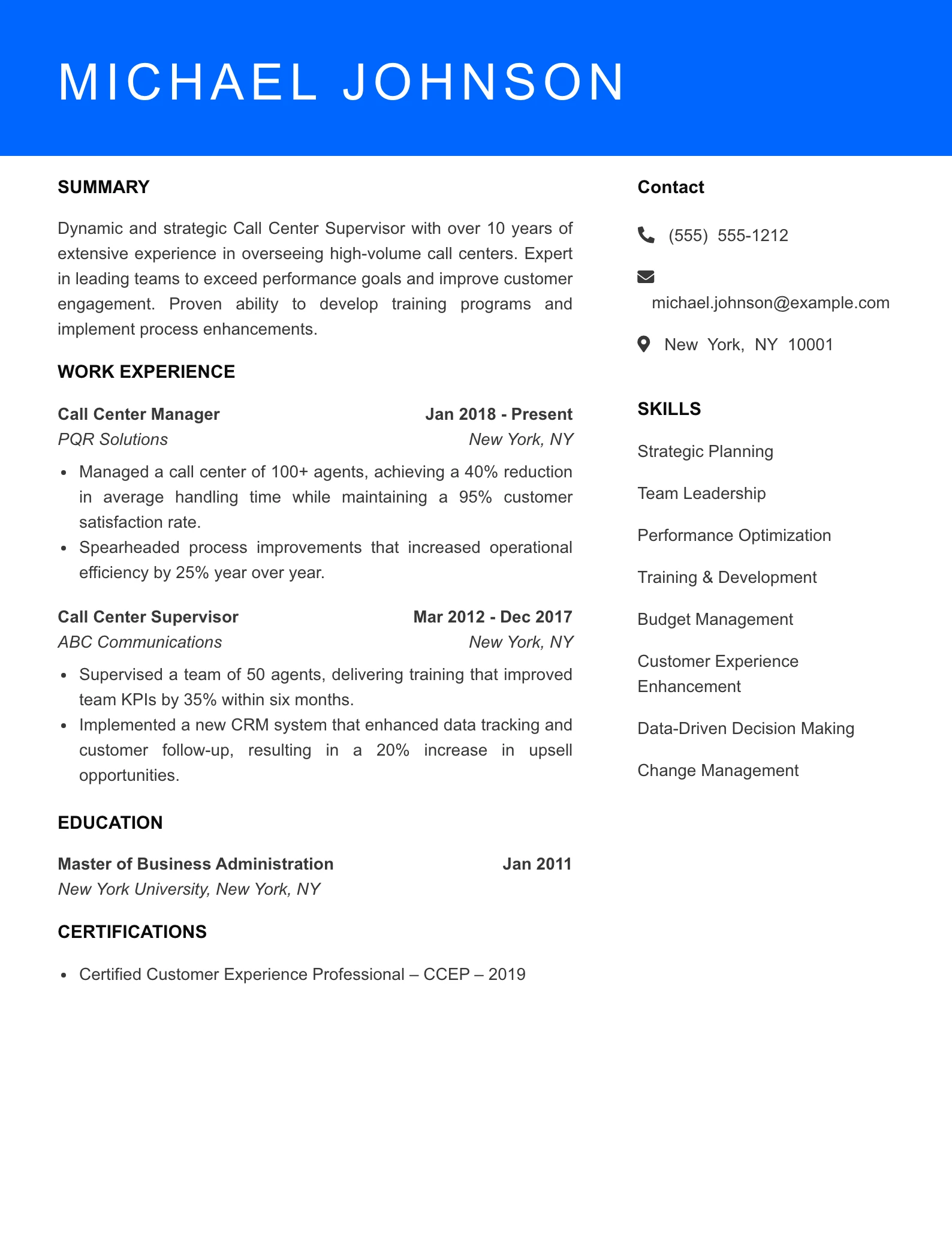 Senior Level Call Center Supervisor Resume Sample