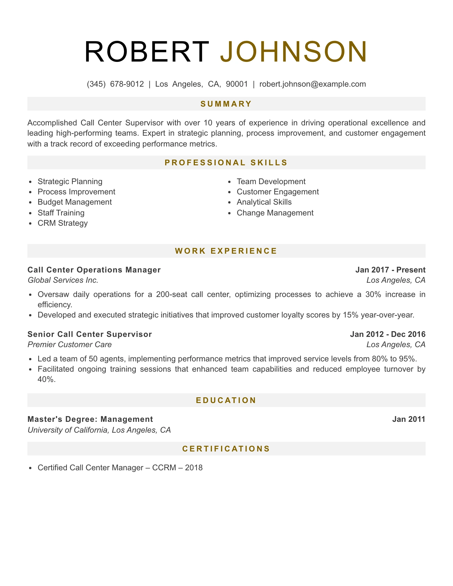 Senior Level Call Center Supervisor Resume Example