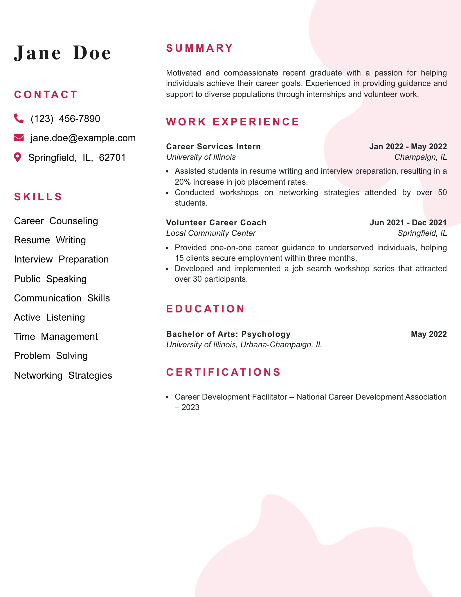 Entry Level Career Counselor Resume Example