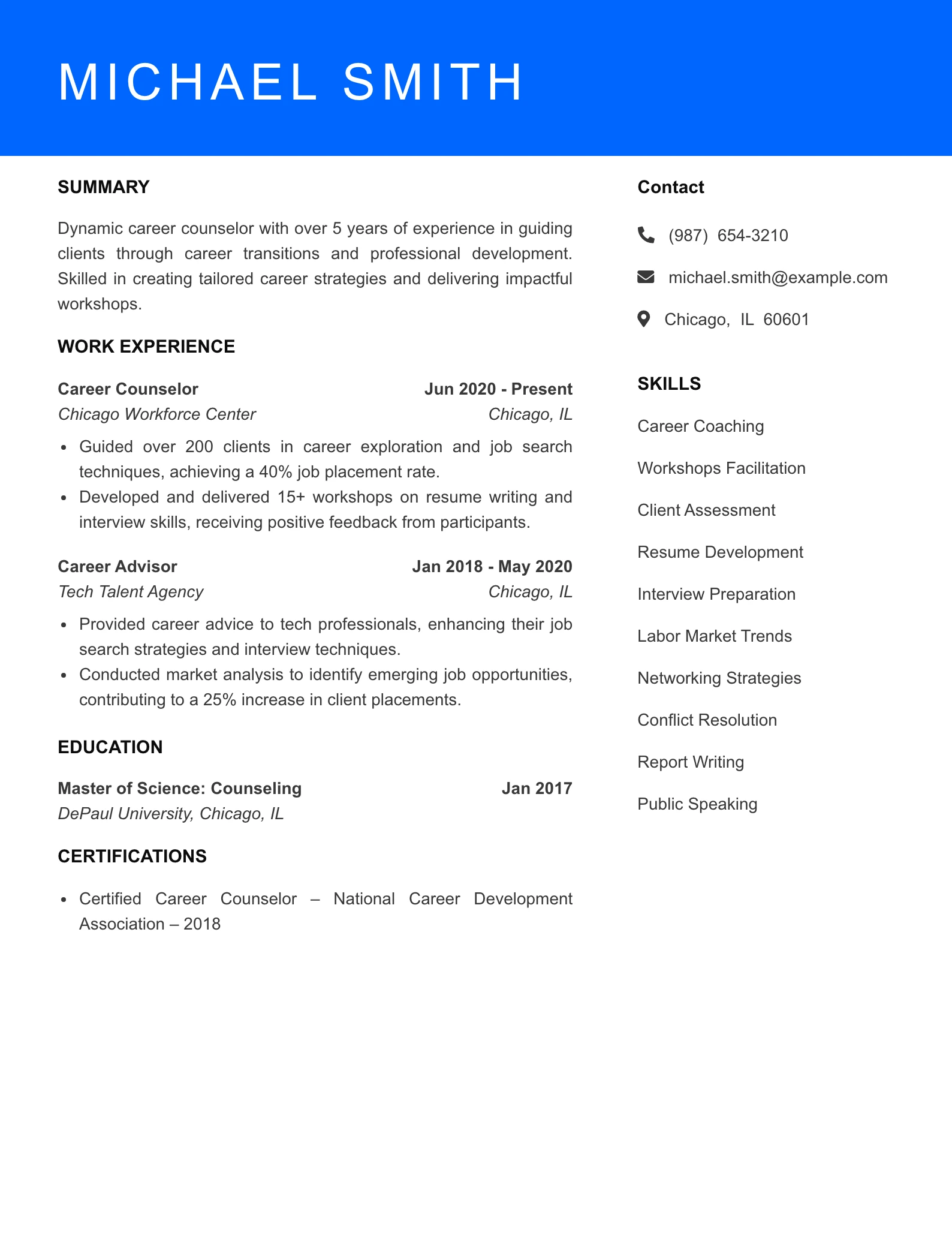 Mid Level Career Counselor Resume Sample