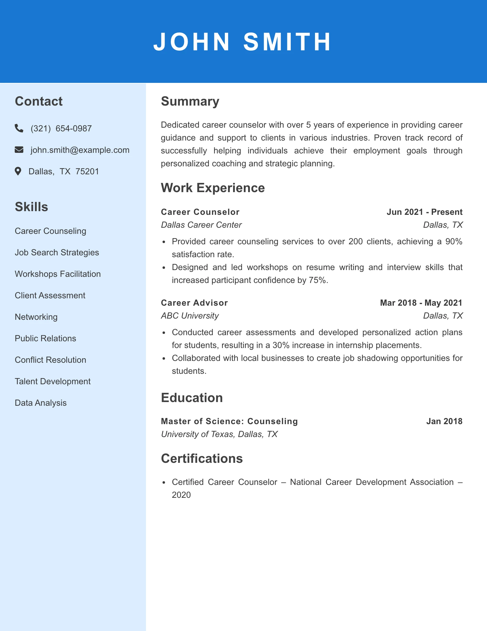 Mid Level Career Counselor Resume Example