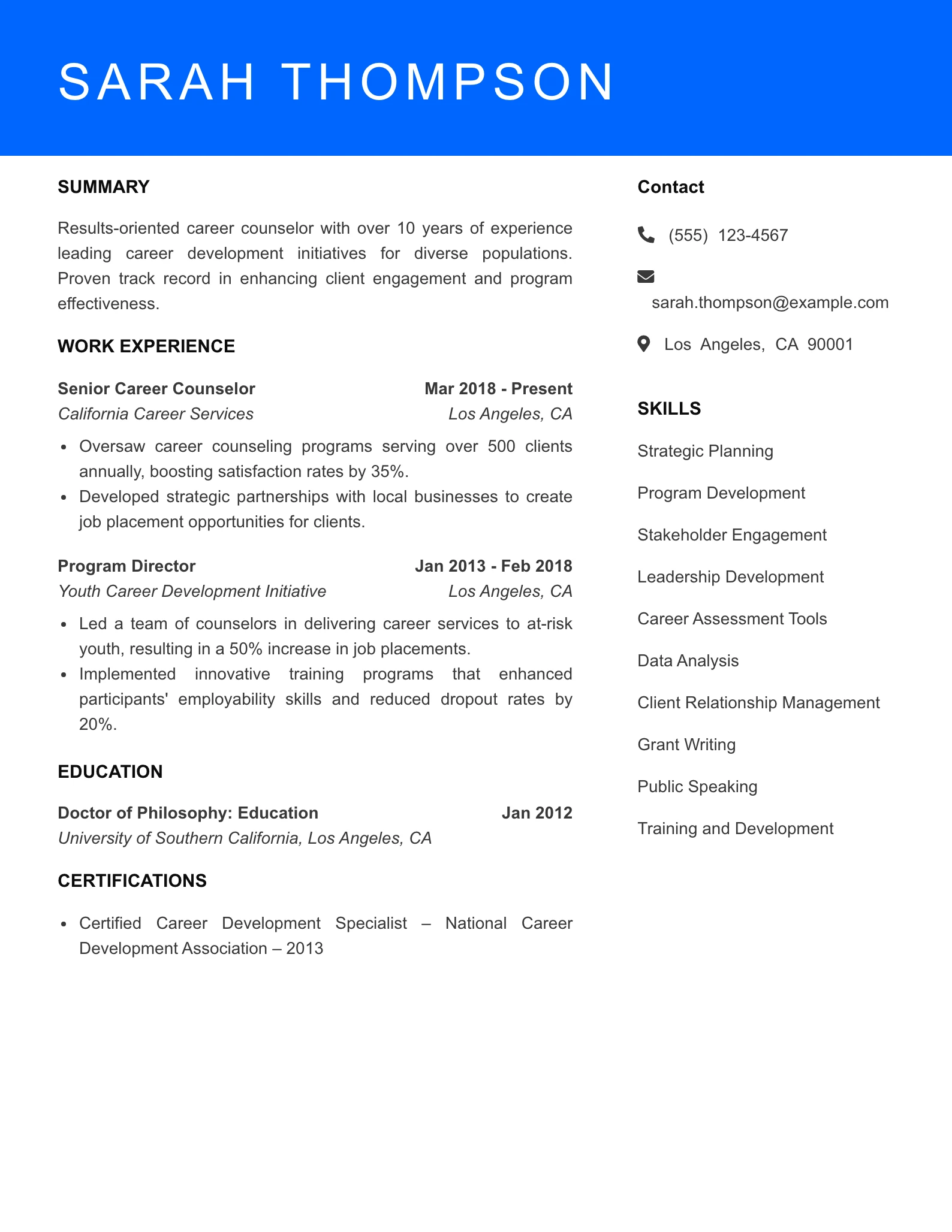Senior Level Career Counselor Resume Sample