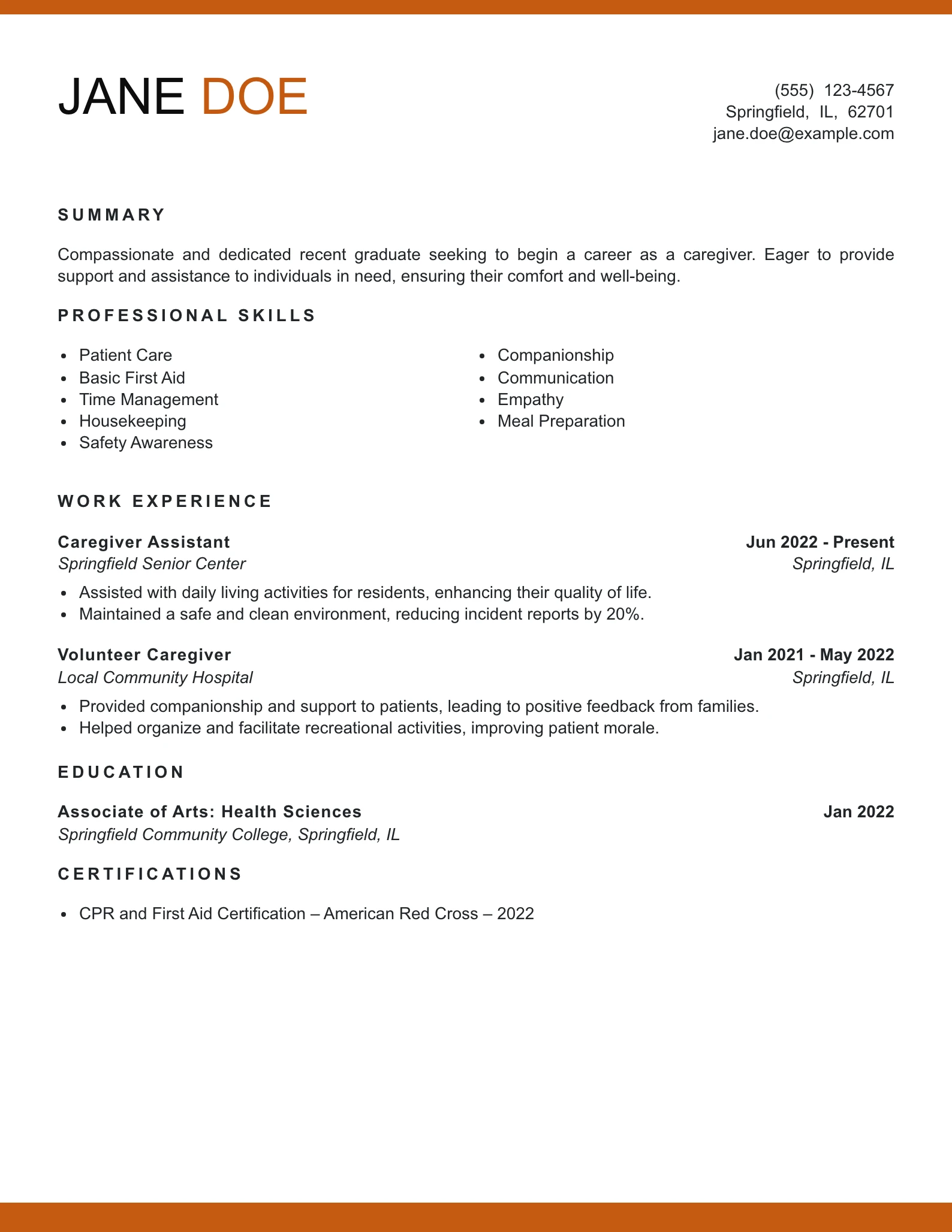 Entry Level Caregiver Resume Example