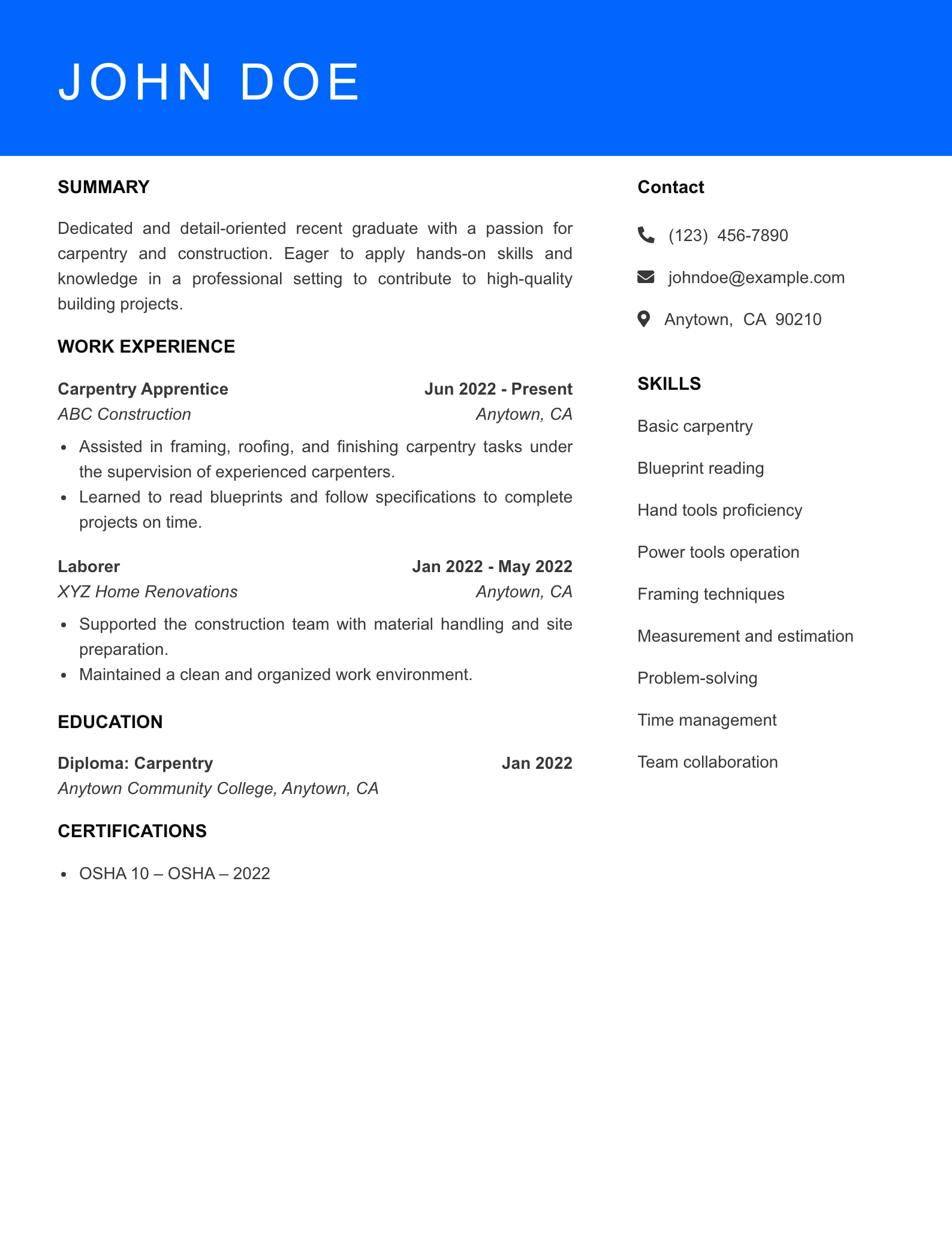 Selected Carpenter Resume